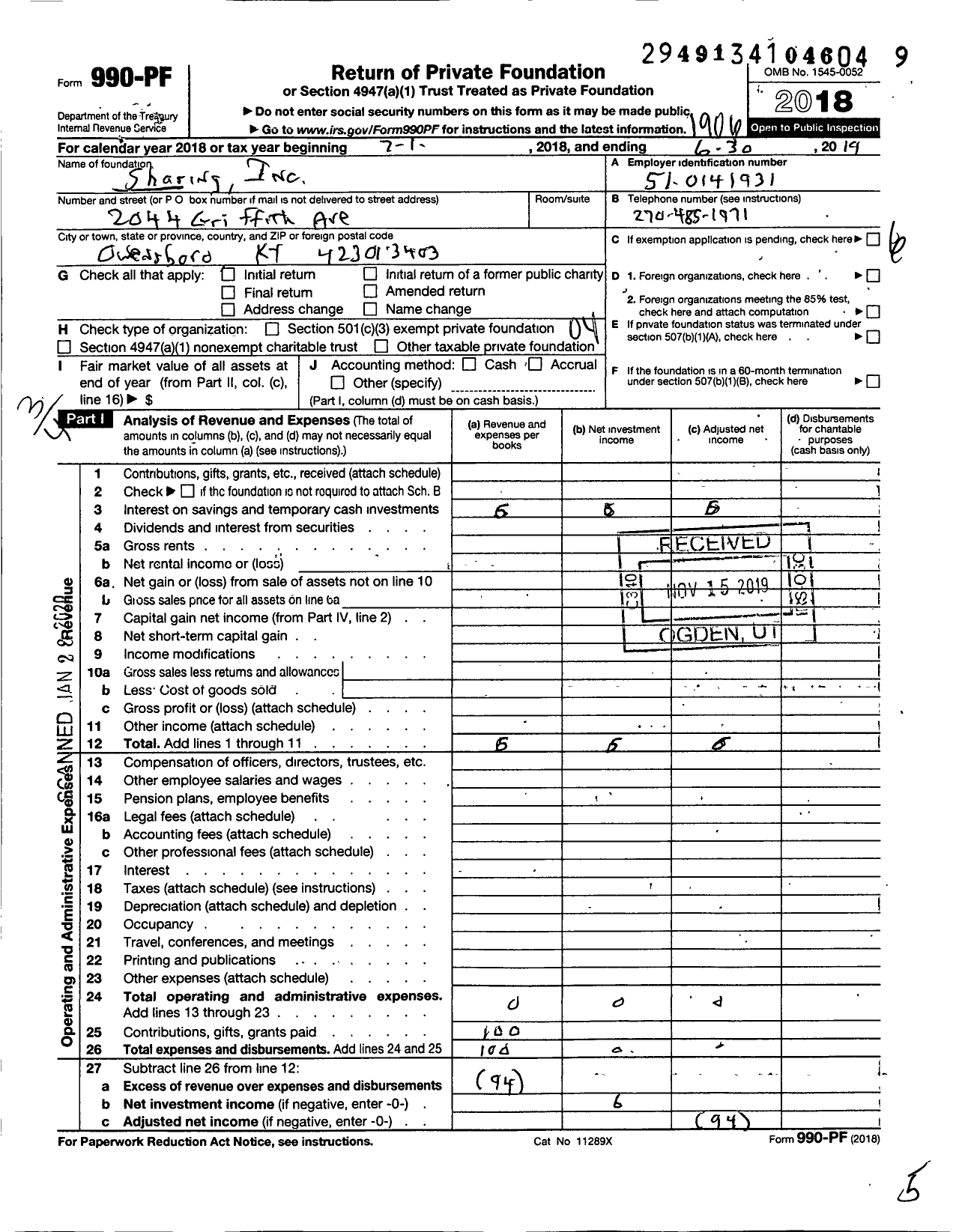 Image of first page of 2018 Form 990PF for Sharing