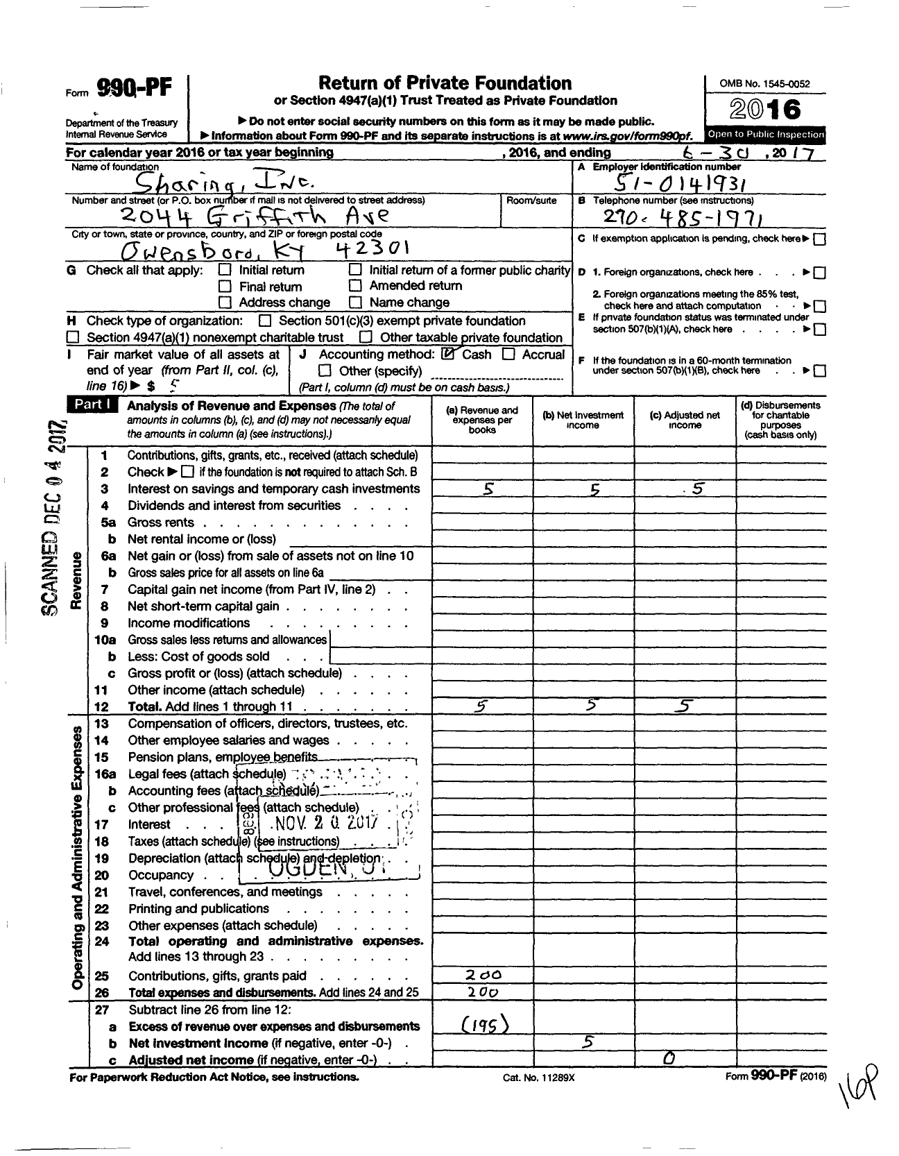 Image of first page of 2016 Form 990PF for Sharing