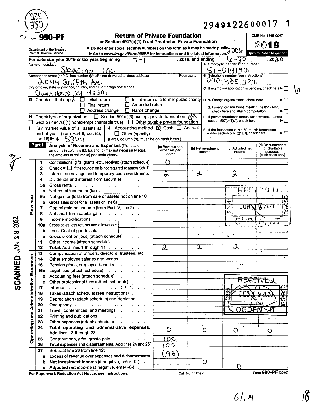 Image of first page of 2019 Form 990PF for Sharing