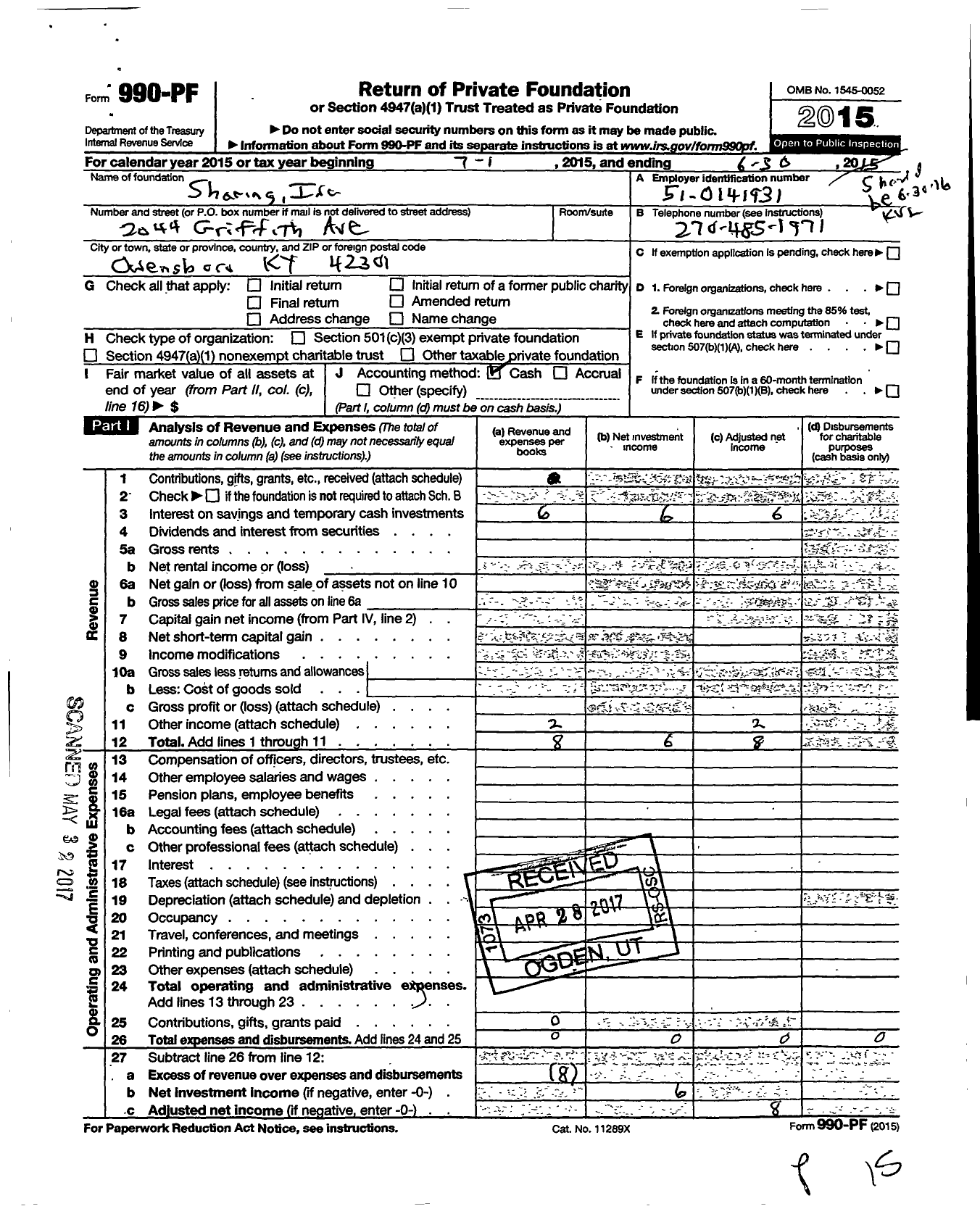 Image of first page of 2015 Form 990PF for Sharing