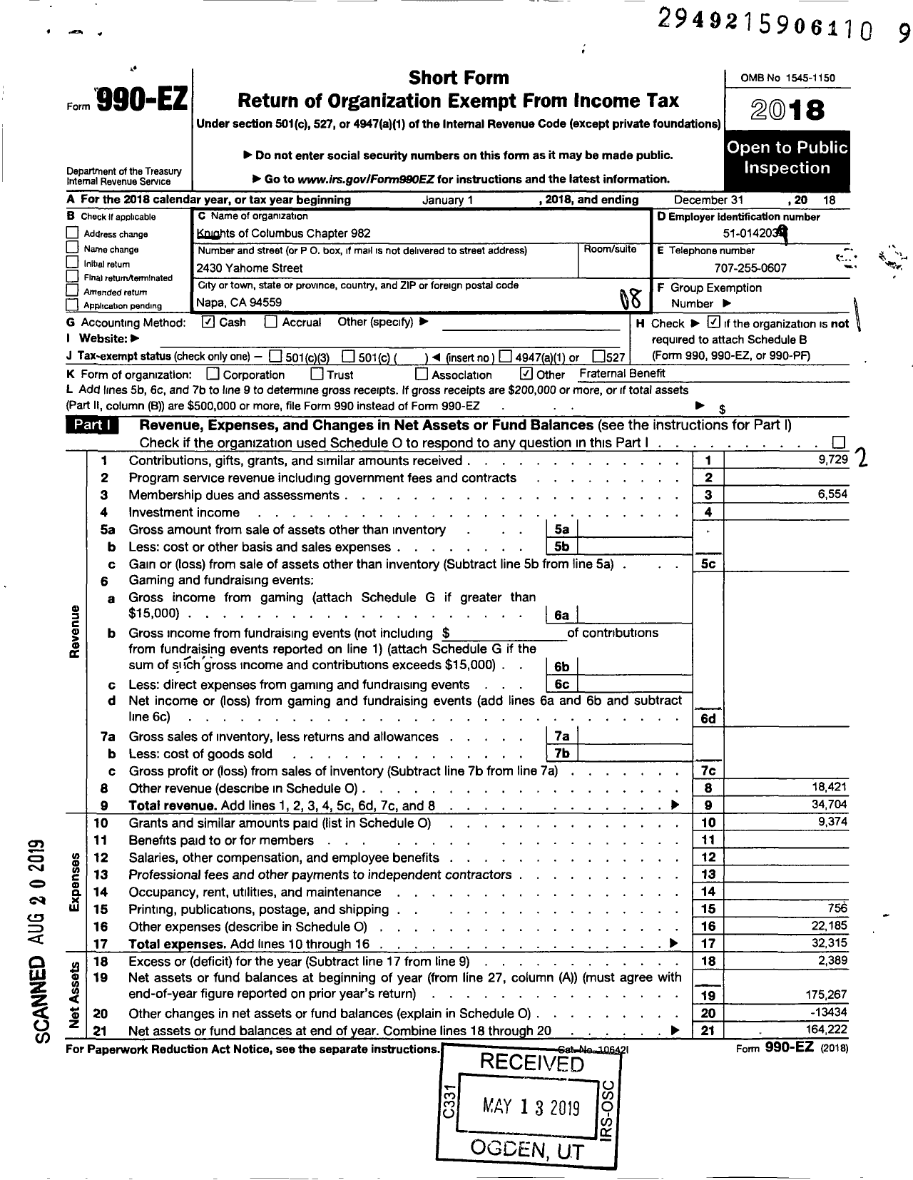 Image of first page of 2018 Form 990EO for KNIGHTS OF COLUMBUS - 982 Alemany Council