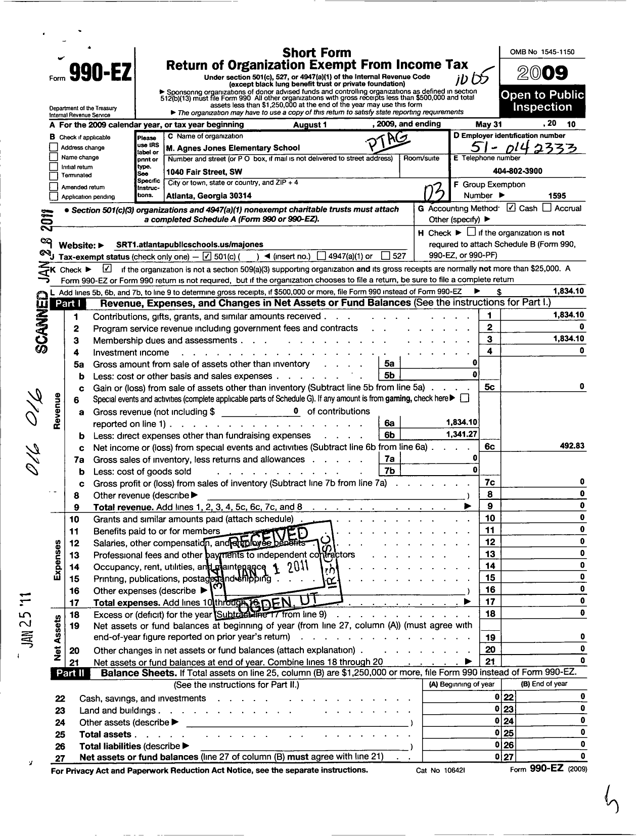 Image of first page of 2009 Form 990EZ for Georgia PTA - M Agnes Jones Elementary School