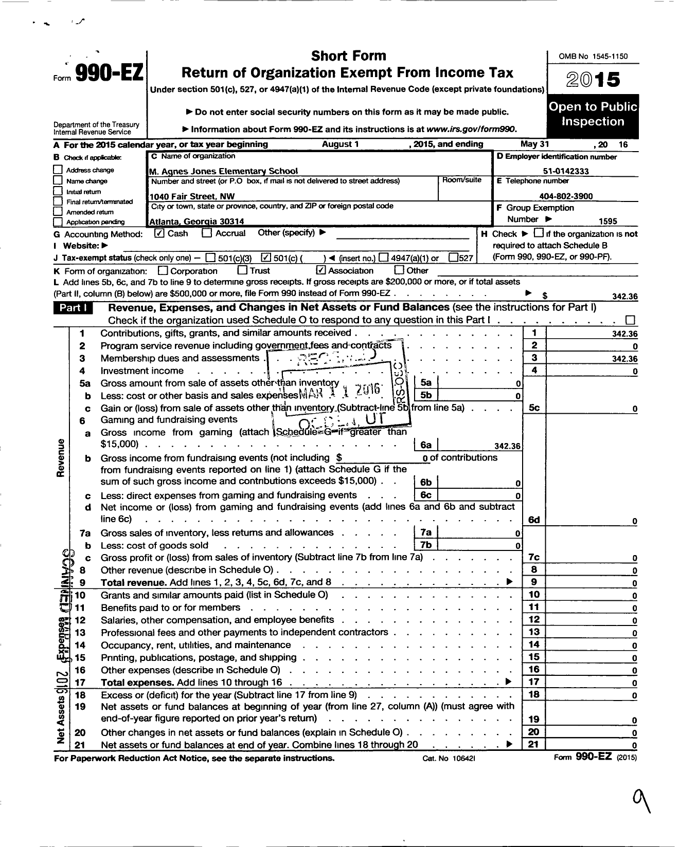 Image of first page of 2015 Form 990EO for Georgia PTA - M Agnes Jones Elementary School