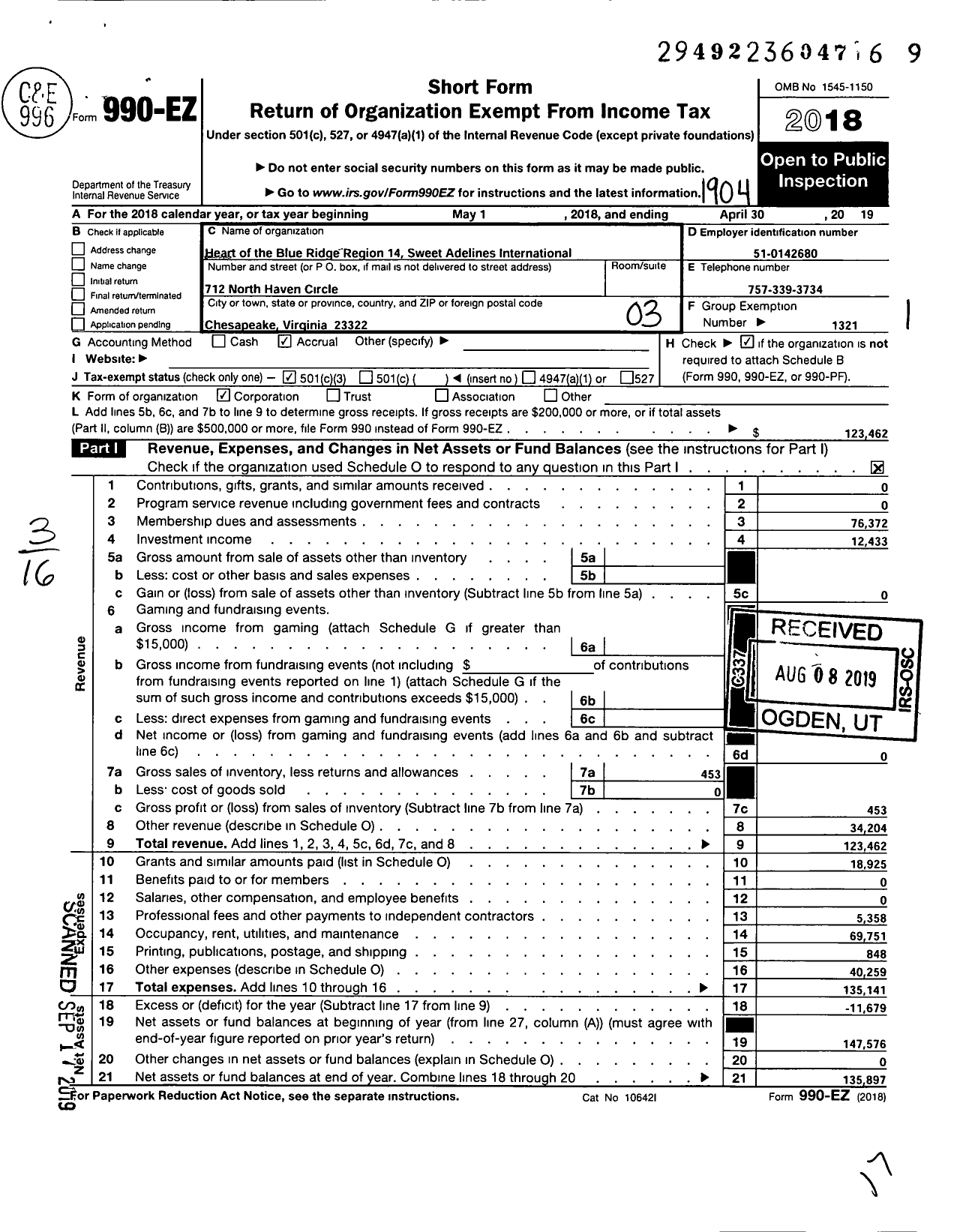 Image of first page of 2018 Form 990EZ for SWEET ADELINES INTERNATIONAL - 112020 Reg 14 HEART OF BLUE RIDGE