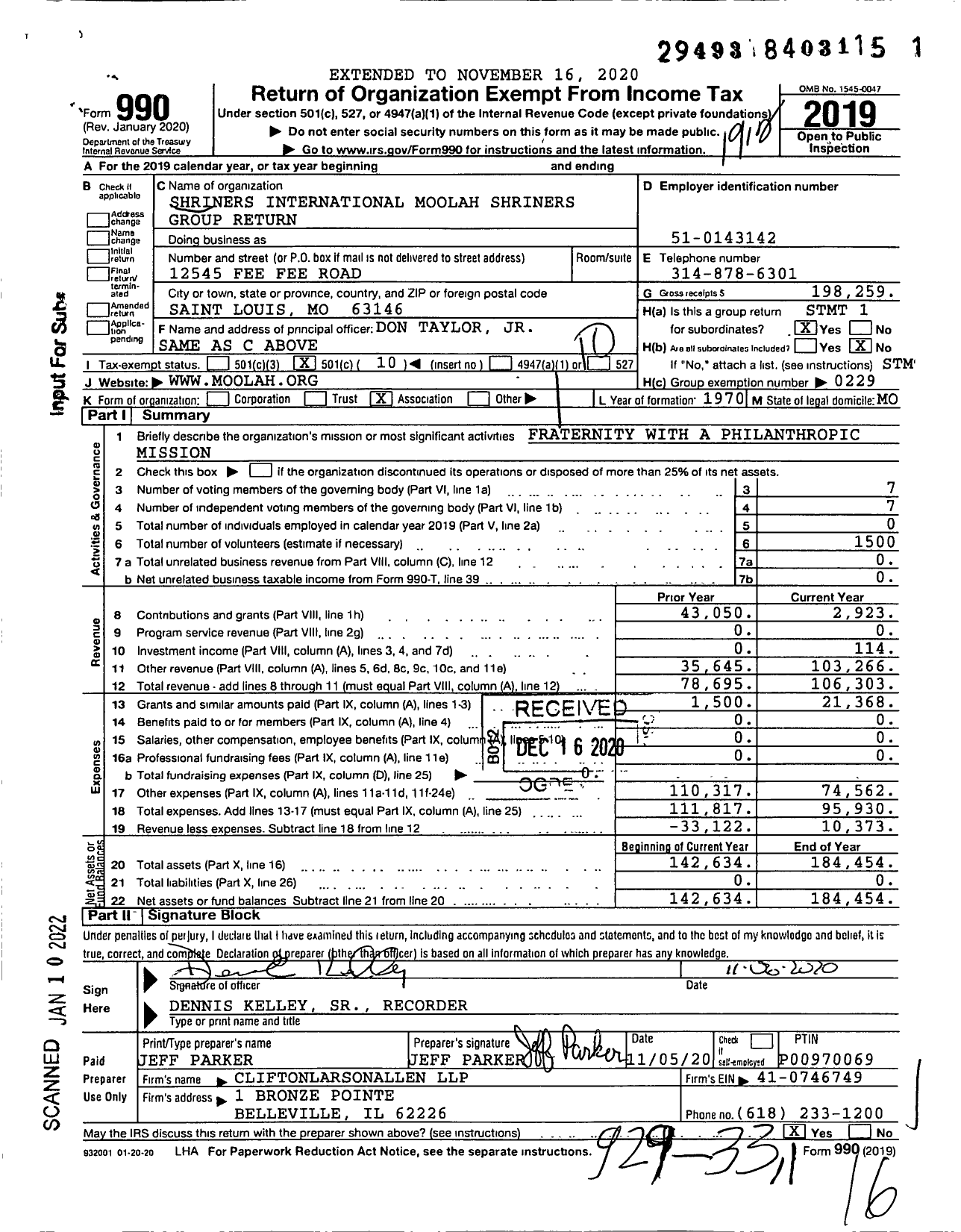 Image of first page of 2019 Form 990O for Shriners International - Moolah Shriners Group Return