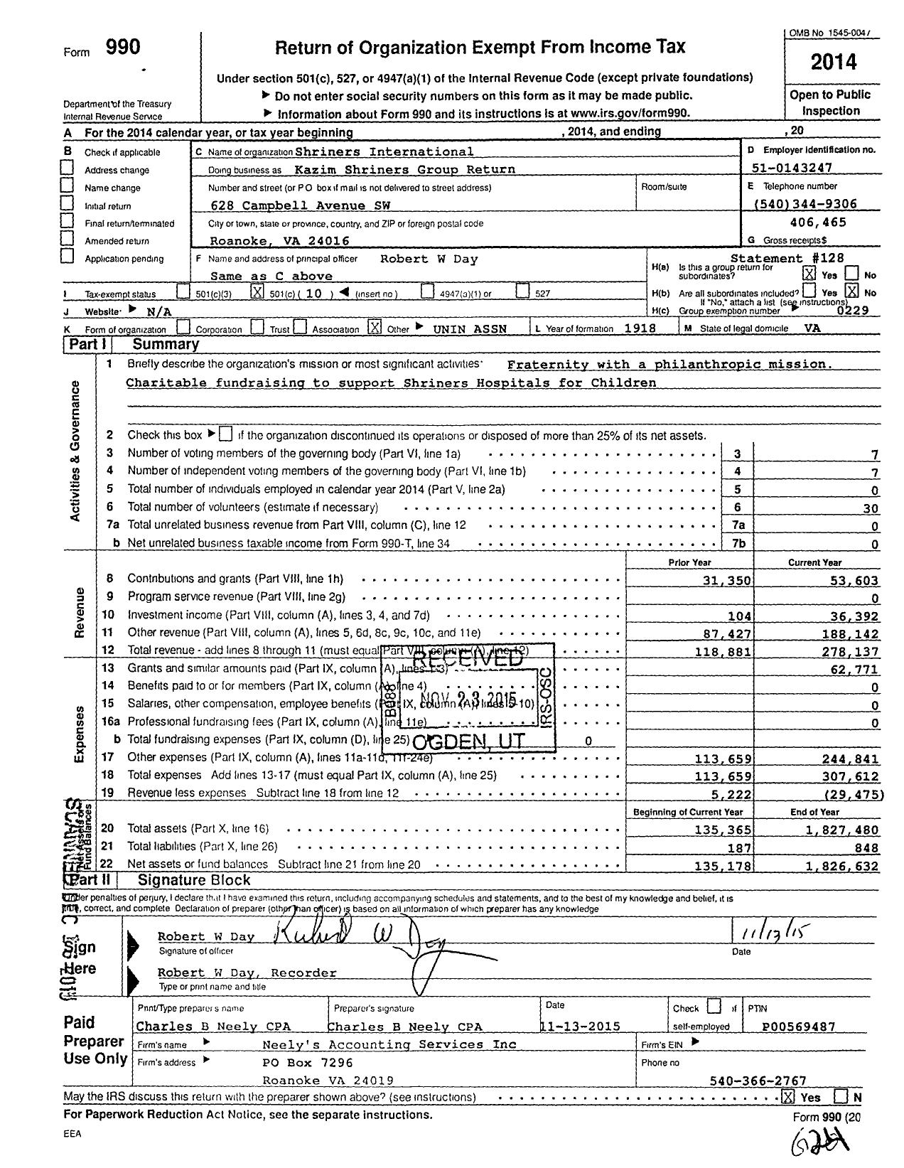 Image of first page of 2014 Form 990O for Shriners International - Kazim Shriners