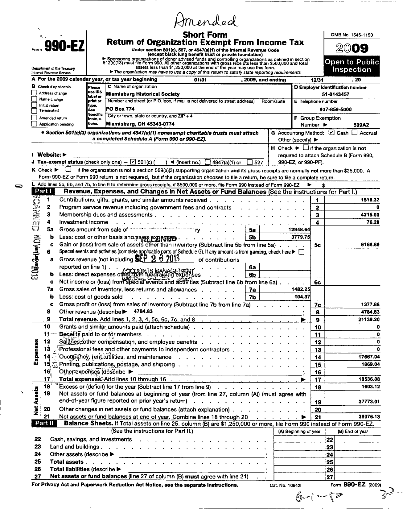 Image of first page of 2009 Form 990EO for Miamisburg Historical Society