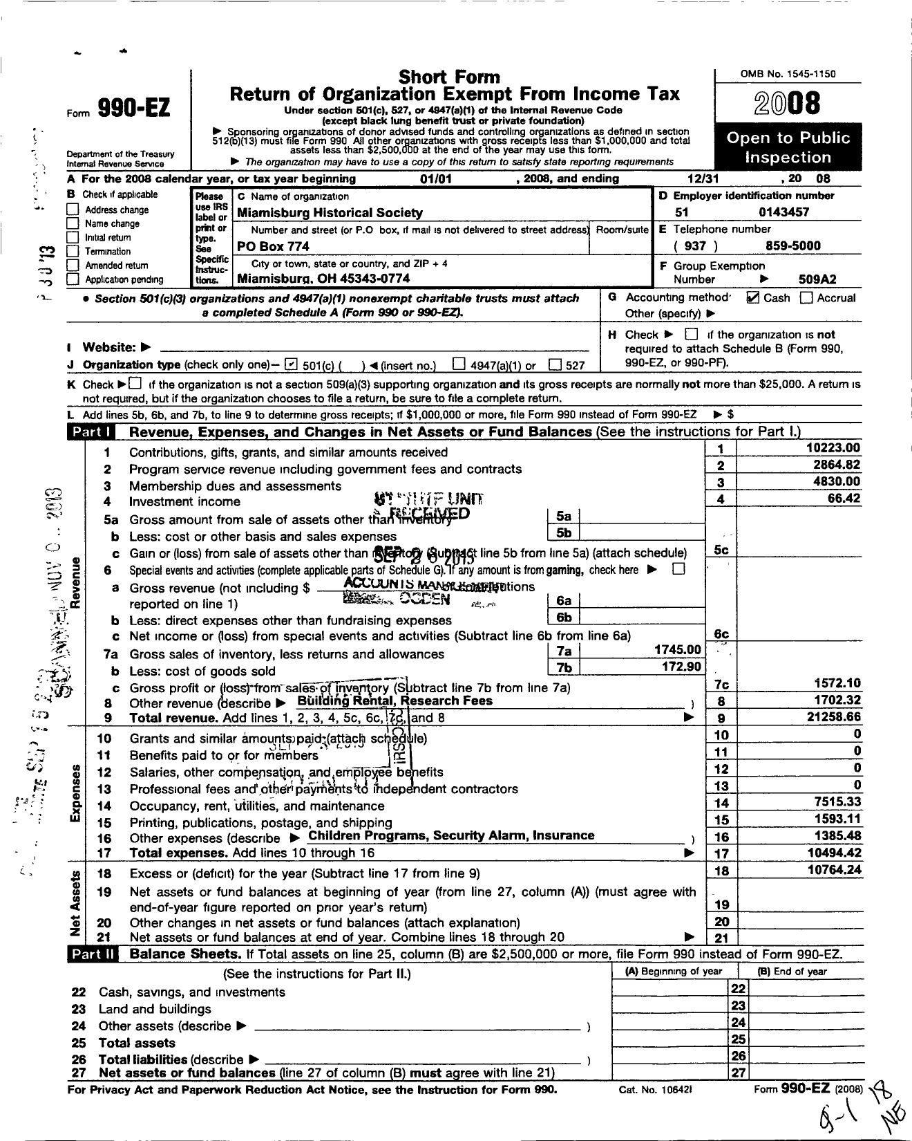 Image of first page of 2008 Form 990EZ for Miamisburg Historical Society