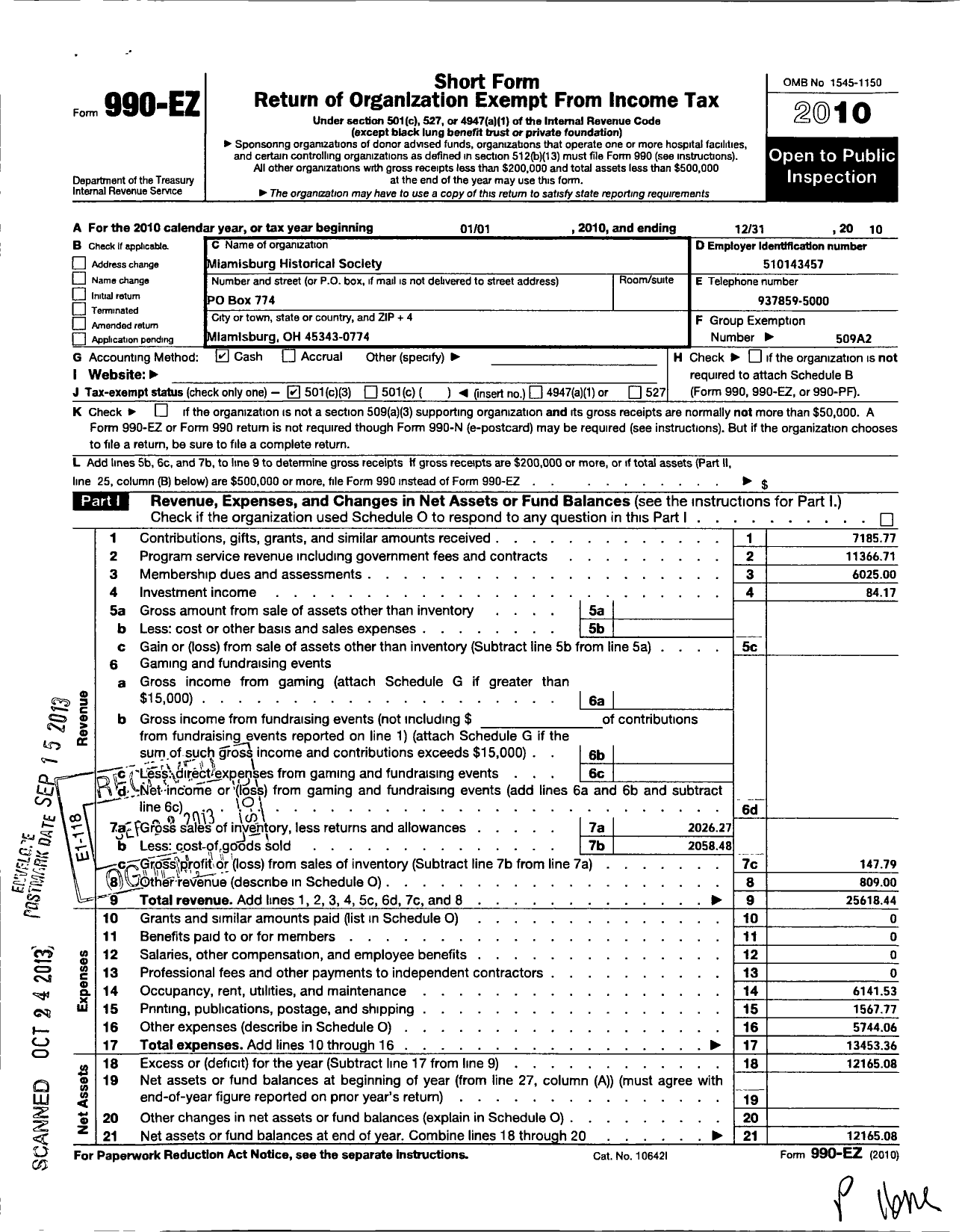 Image of first page of 2010 Form 990EZ for Miamisburg Historical Society