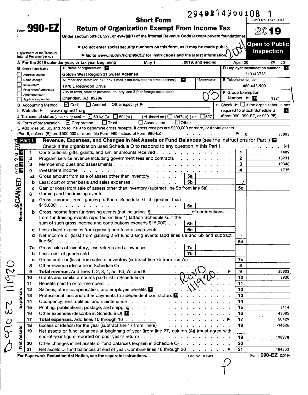 Image of first page of 2019 Form 990EZ for Sweet Adelines International - 112026 Region 21 Golden West