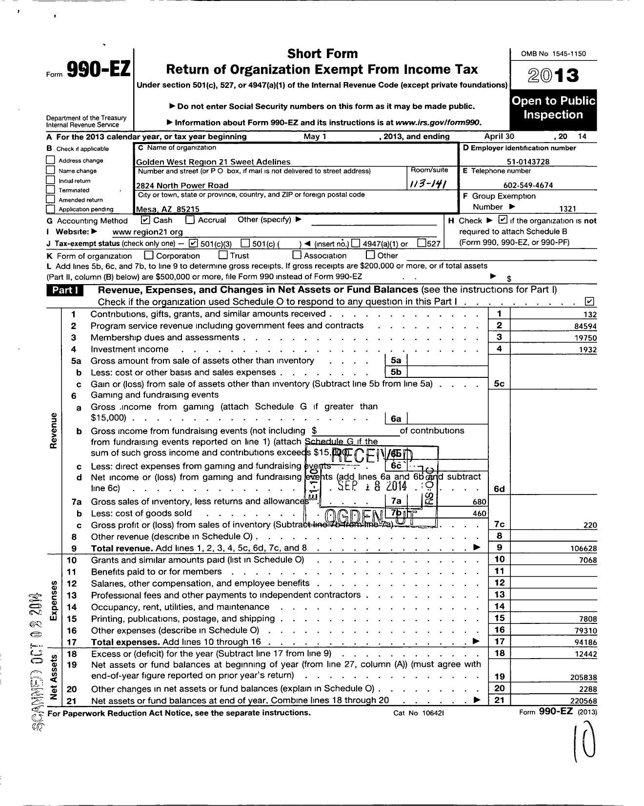 Image of first page of 2013 Form 990EZ for Sweet Adelines International - 112026 Region 21 Golden West