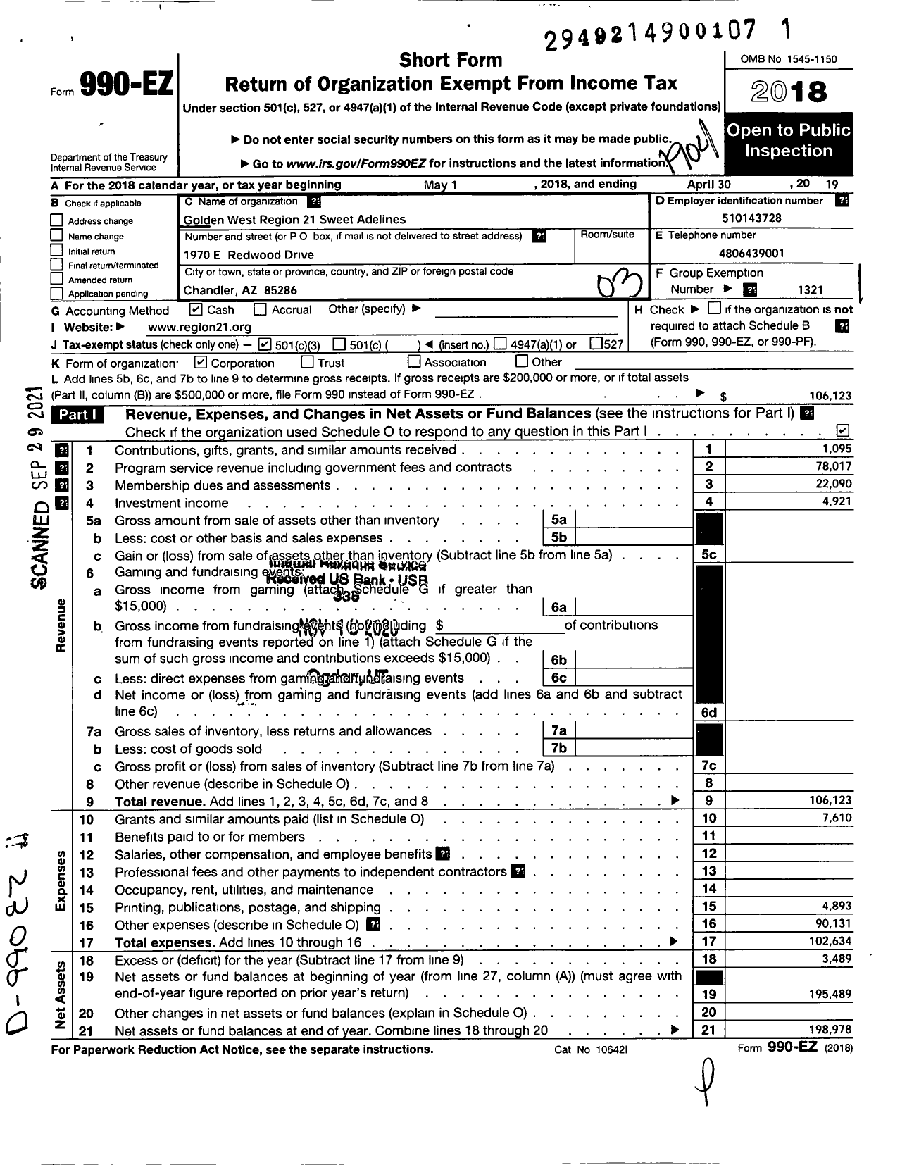 Image of first page of 2018 Form 990EZ for Sweet Adelines International - 112026 Region 21 Golden West