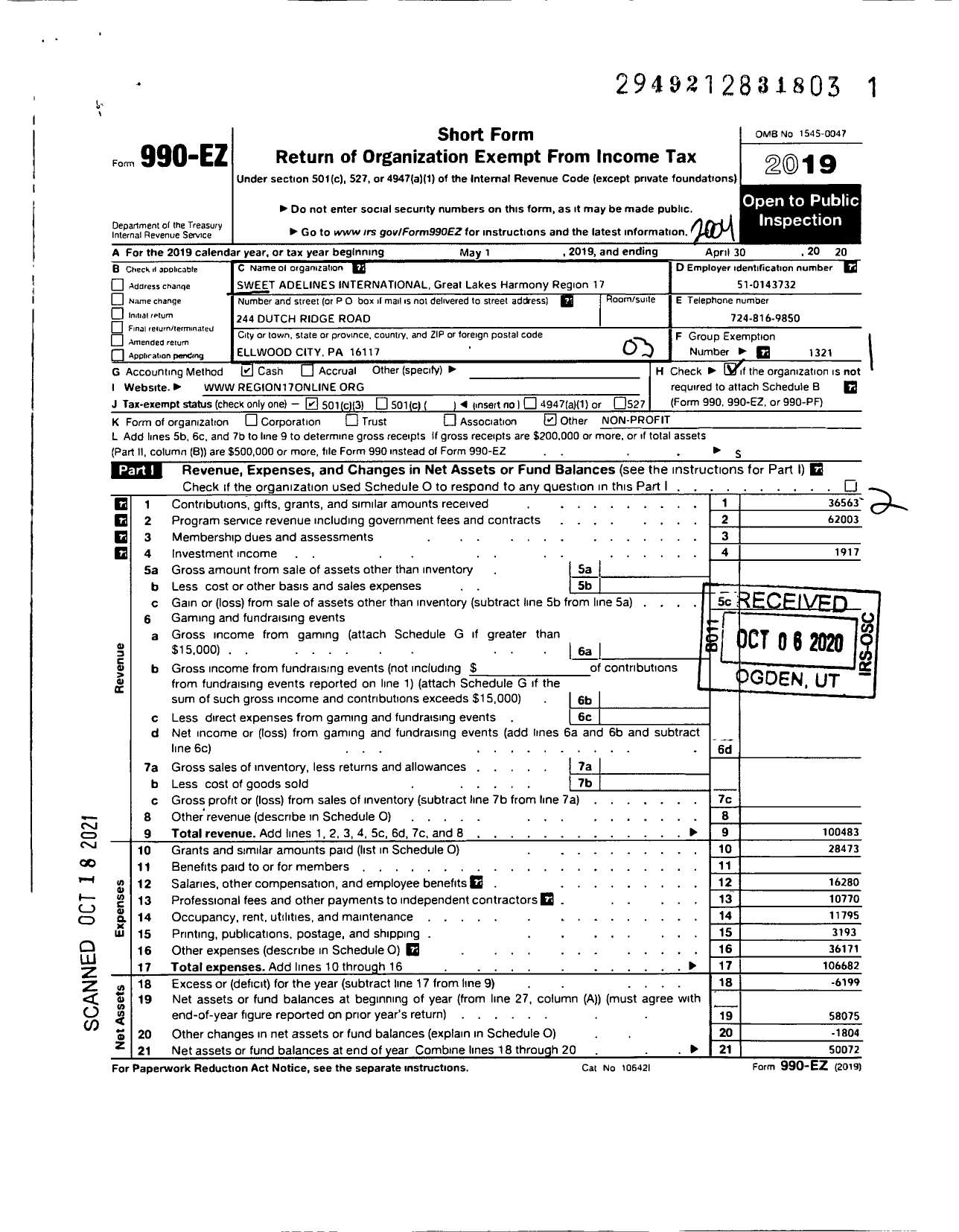 Image of first page of 2019 Form 990EZ for SWEET ADELINES INTERNATIONAL - 112023 Reg 17 Great Lakes Harmony