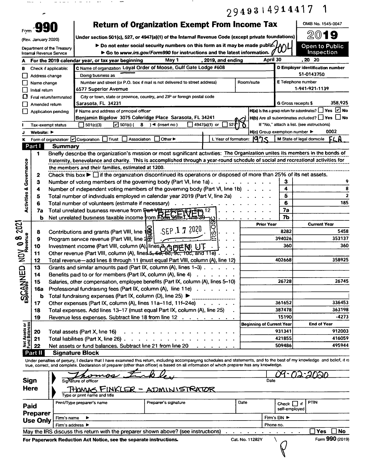 Image of first page of 2019 Form 990O for Loyal Order of Moose - 608