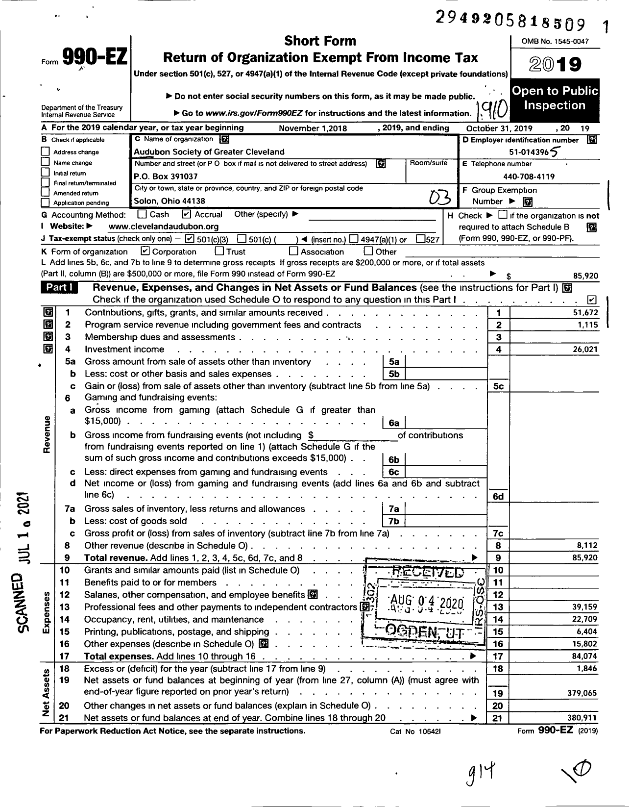 Image of first page of 2018 Form 990EZ for Cleveland Audubon Society