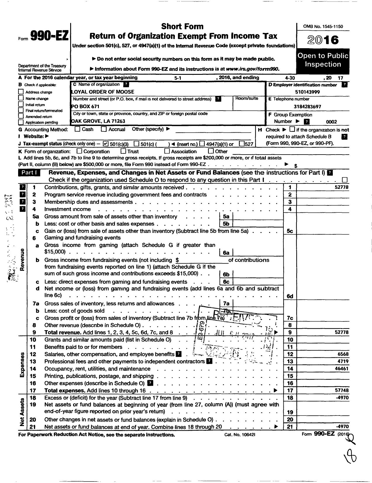Image of first page of 2016 Form 990EZ for Loyal Order of Moose - 2281