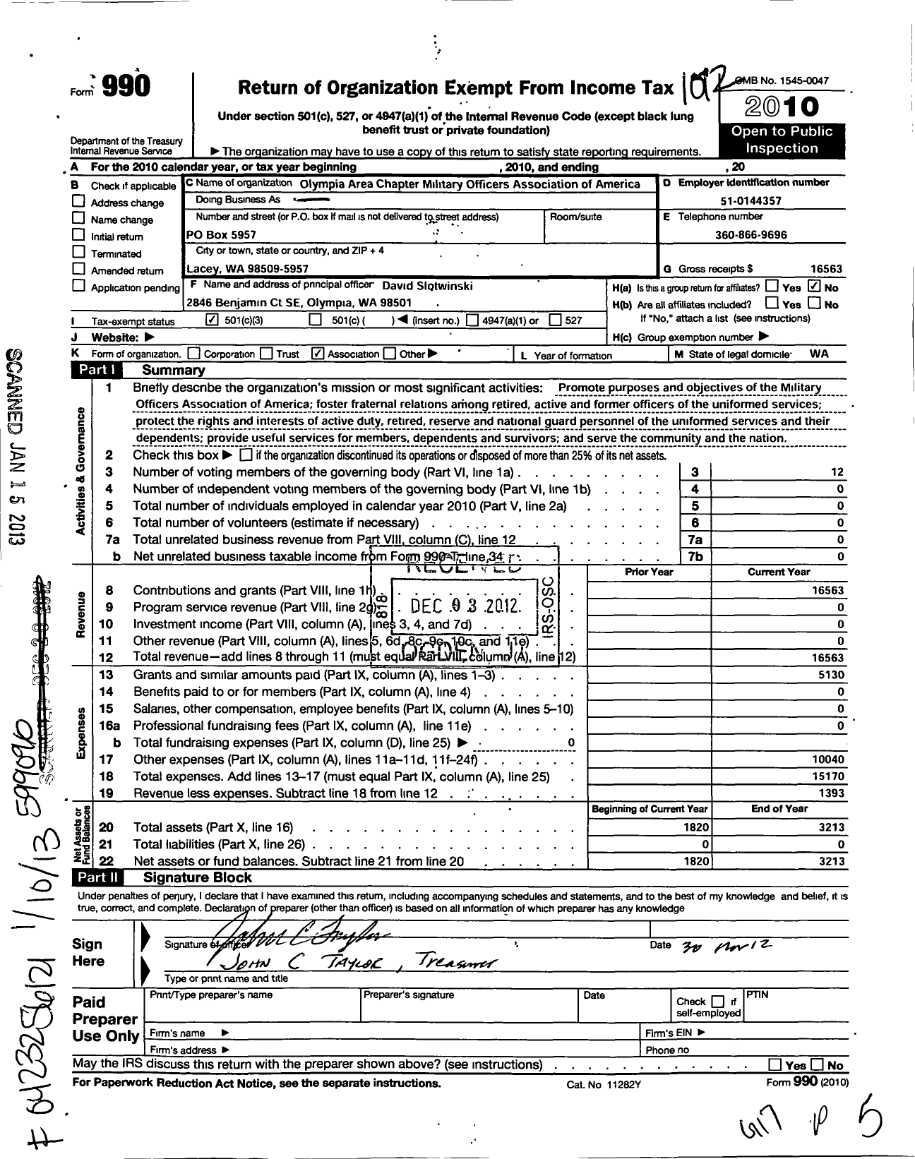 Image of first page of 2010 Form 990 for Olympia Area Chapter Military Officers Asociation of America