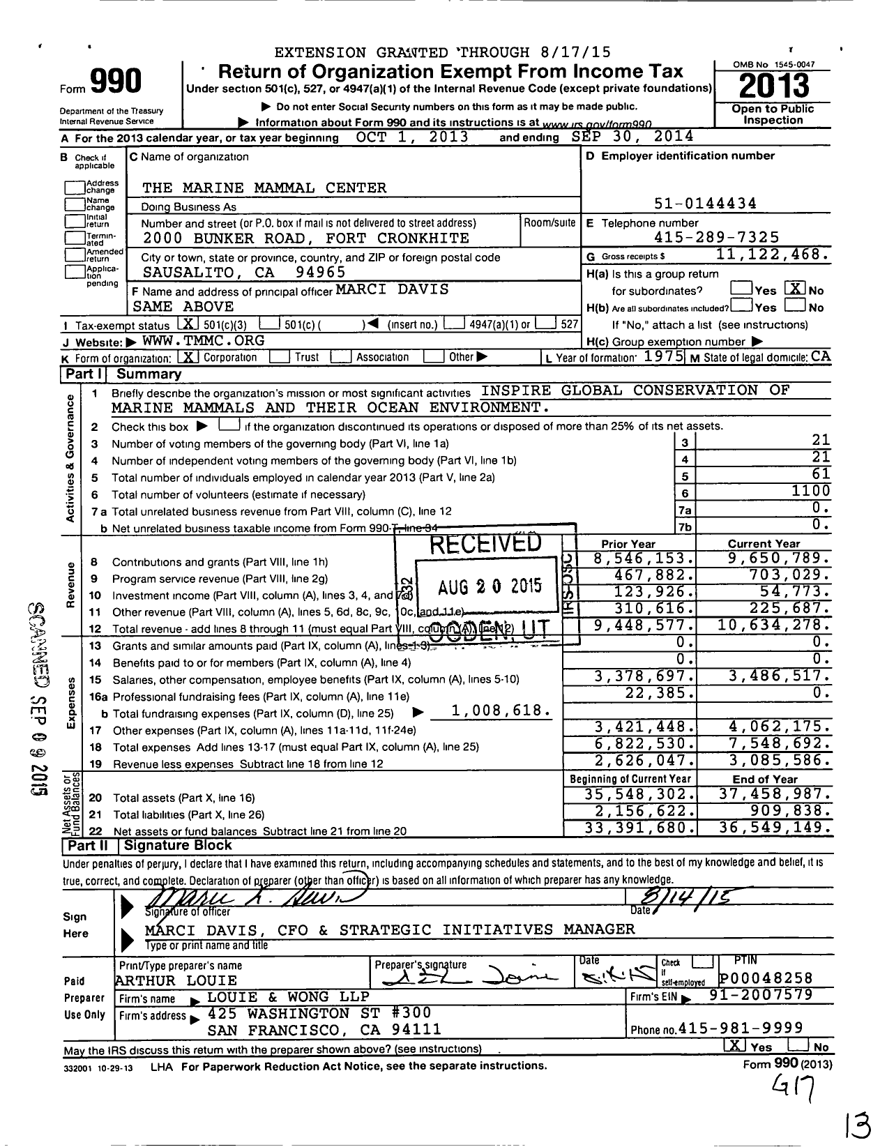 Image of first page of 2013 Form 990 for The Marine Mammal Center