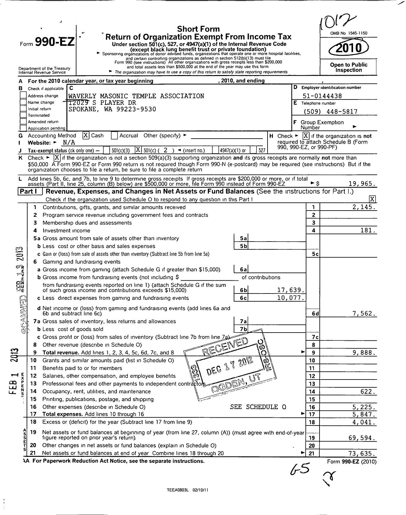 Image of first page of 2010 Form 990EO for Waverly Masonic Temple Association