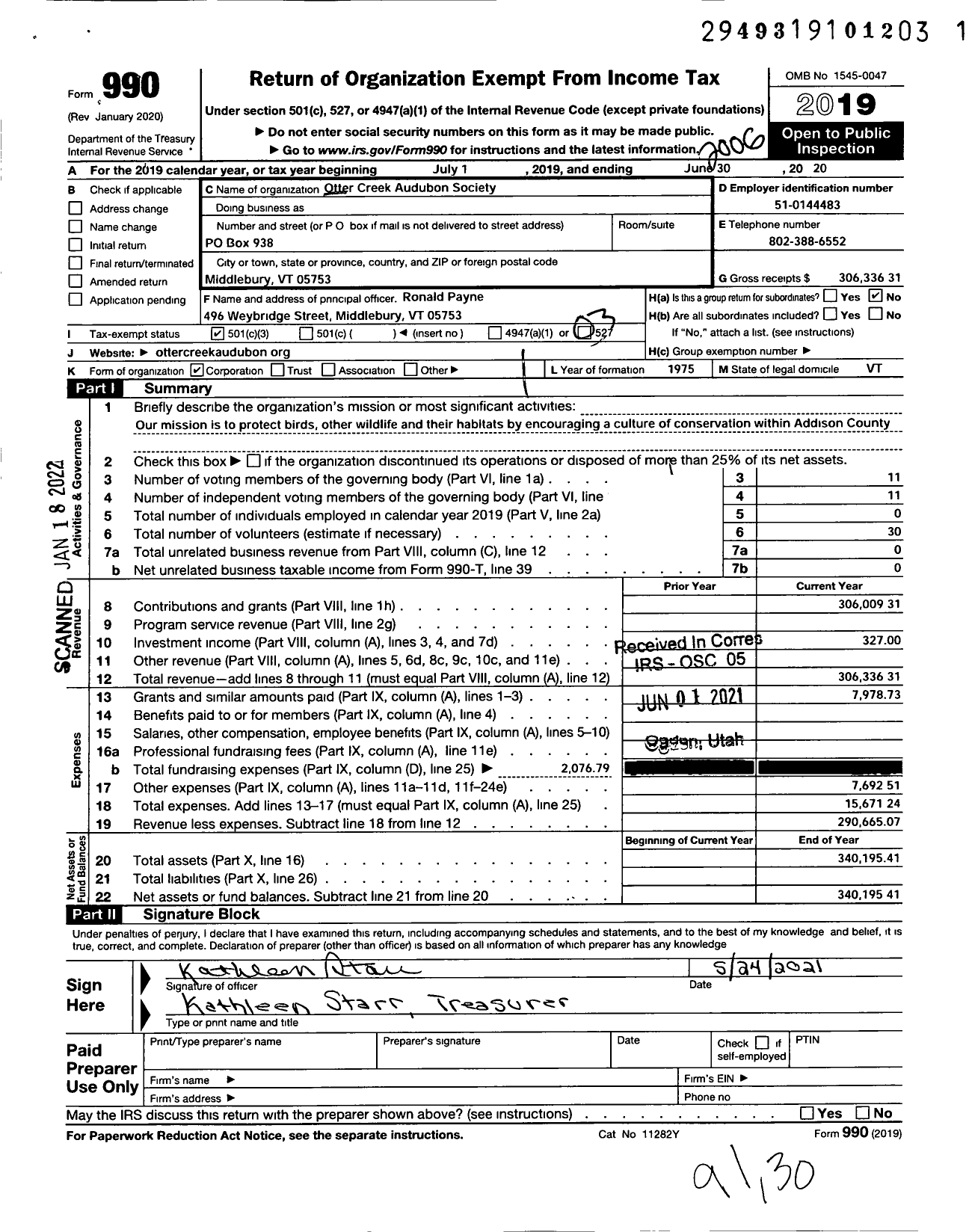 Image of first page of 2019 Form 990 for Otter Creek Audubon Society