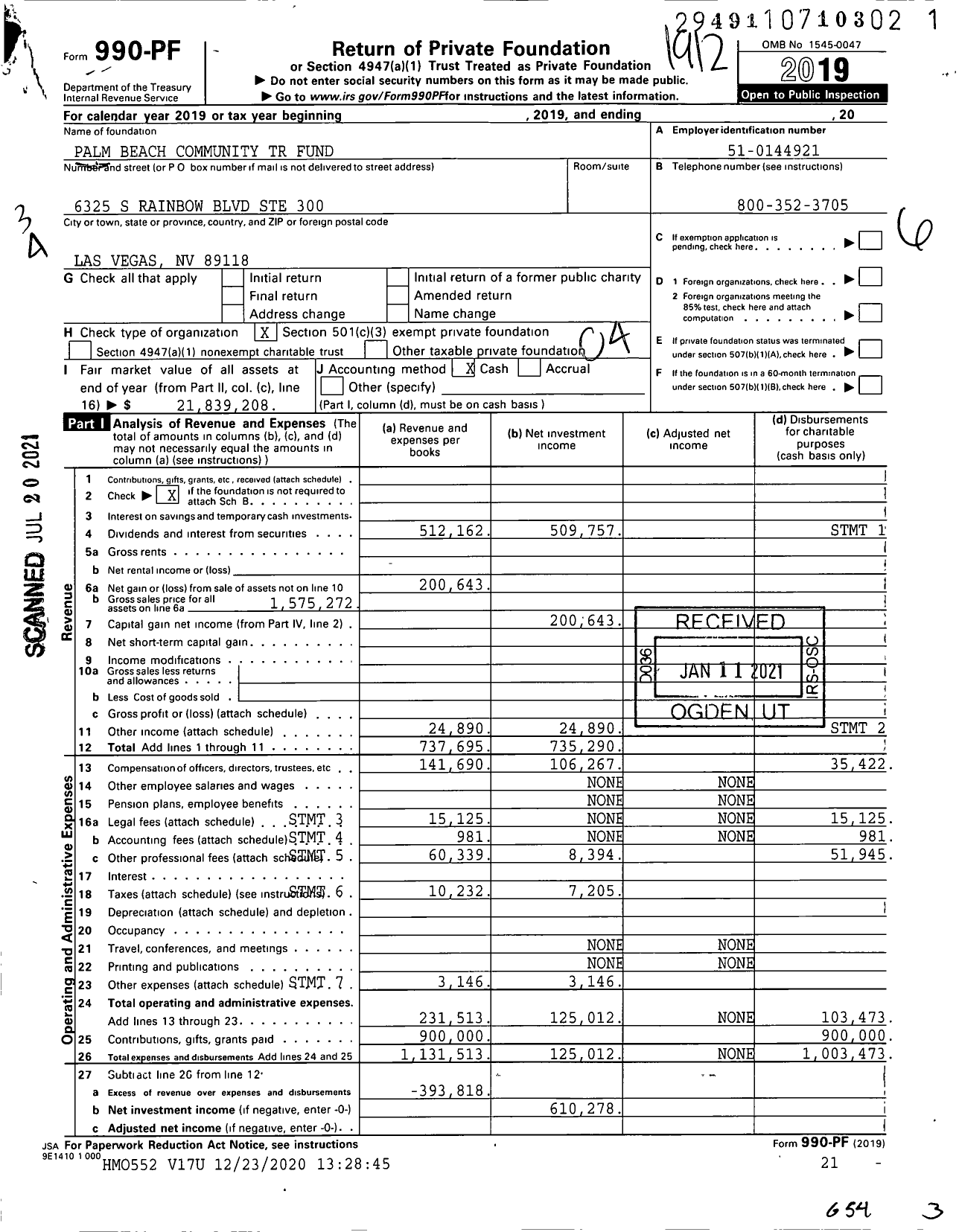 Image of first page of 2019 Form 990PF for Palm Beach Community TR Fund