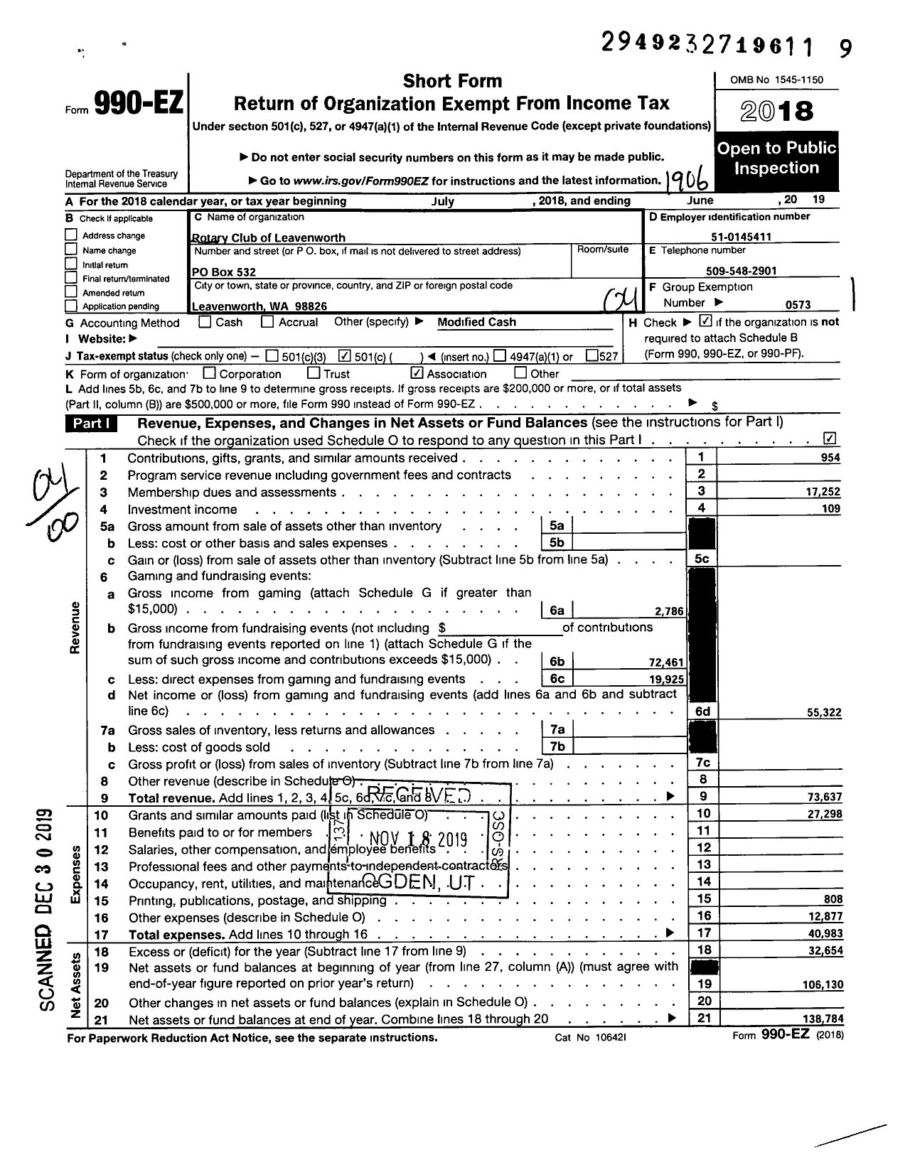 Image of first page of 2018 Form 990EO for Rotary International - Leavenworth