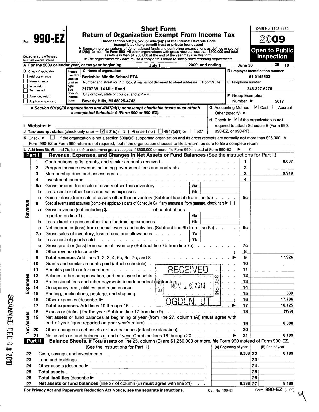 Image of first page of 2009 Form 990EZ for Ptsa Michigan Congress of Parents Teachers and Students / Berkshire Middle PTA