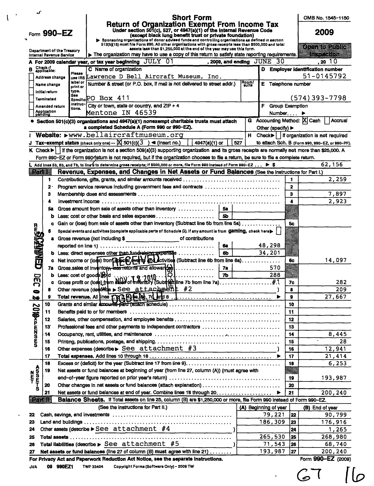 Image of first page of 2009 Form 990EZ for Lawrence D Bell Aircraft Museum