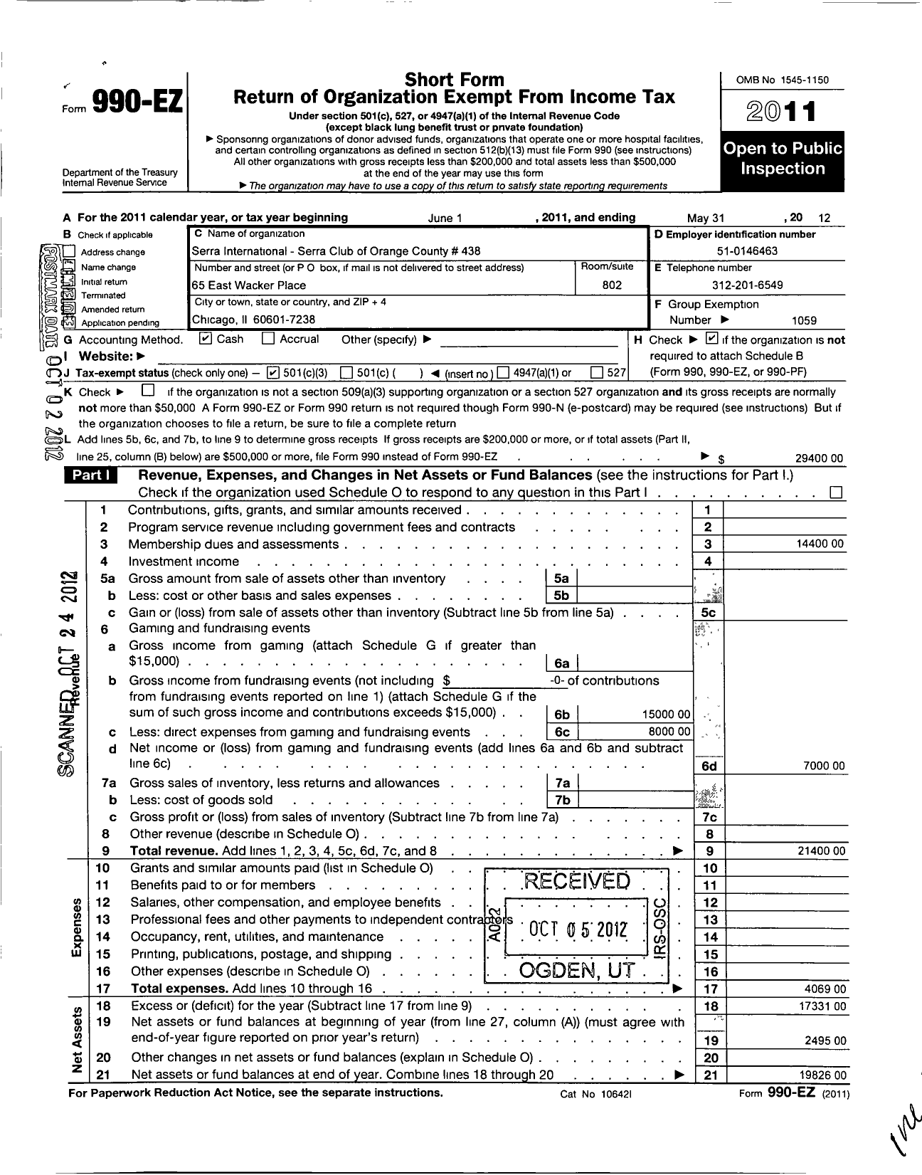 Image of first page of 2011 Form 990EZ for Serra International / 438 Serra Club of Orange County