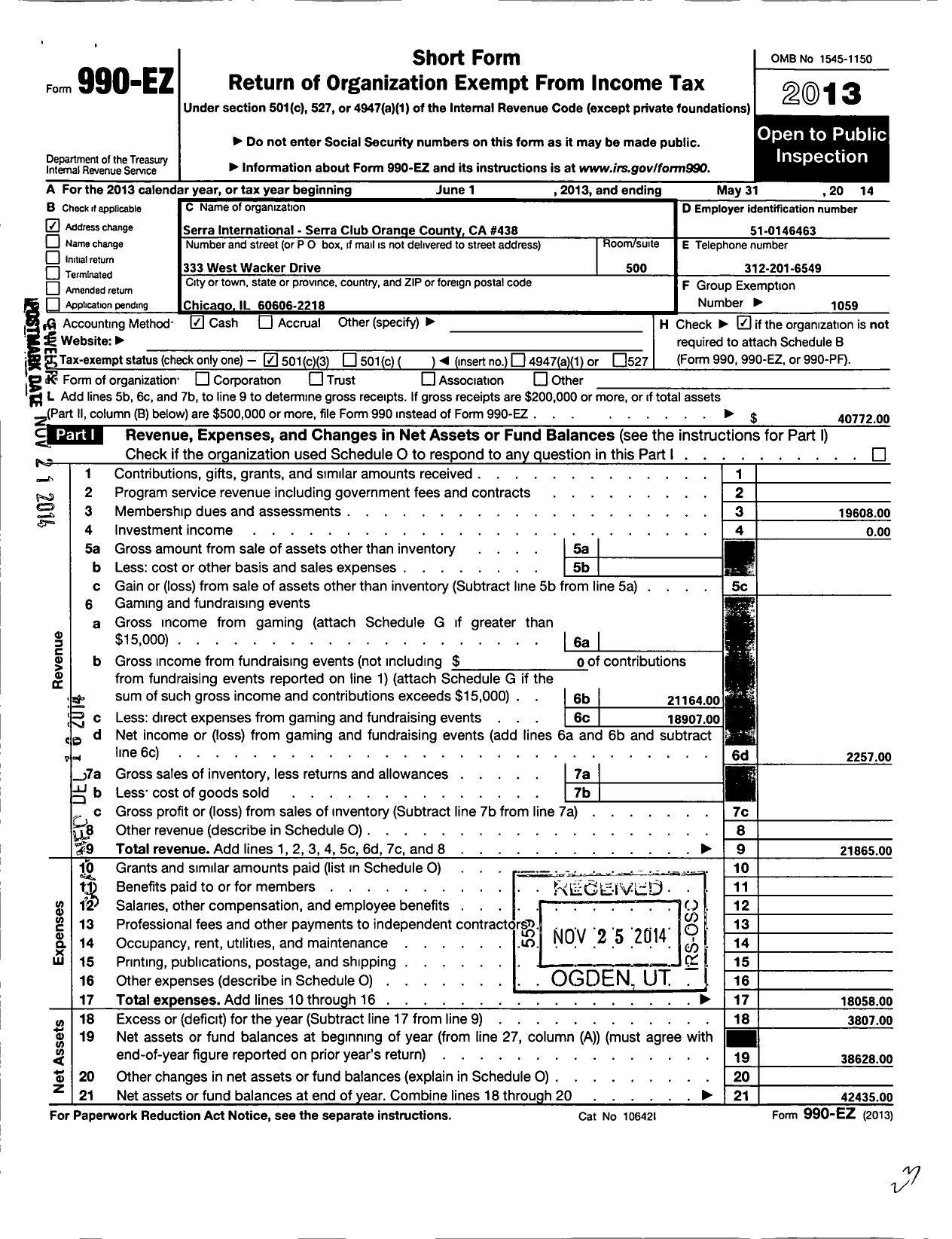 Image of first page of 2013 Form 990EZ for Serra International / 438 Serra Club of Orange County