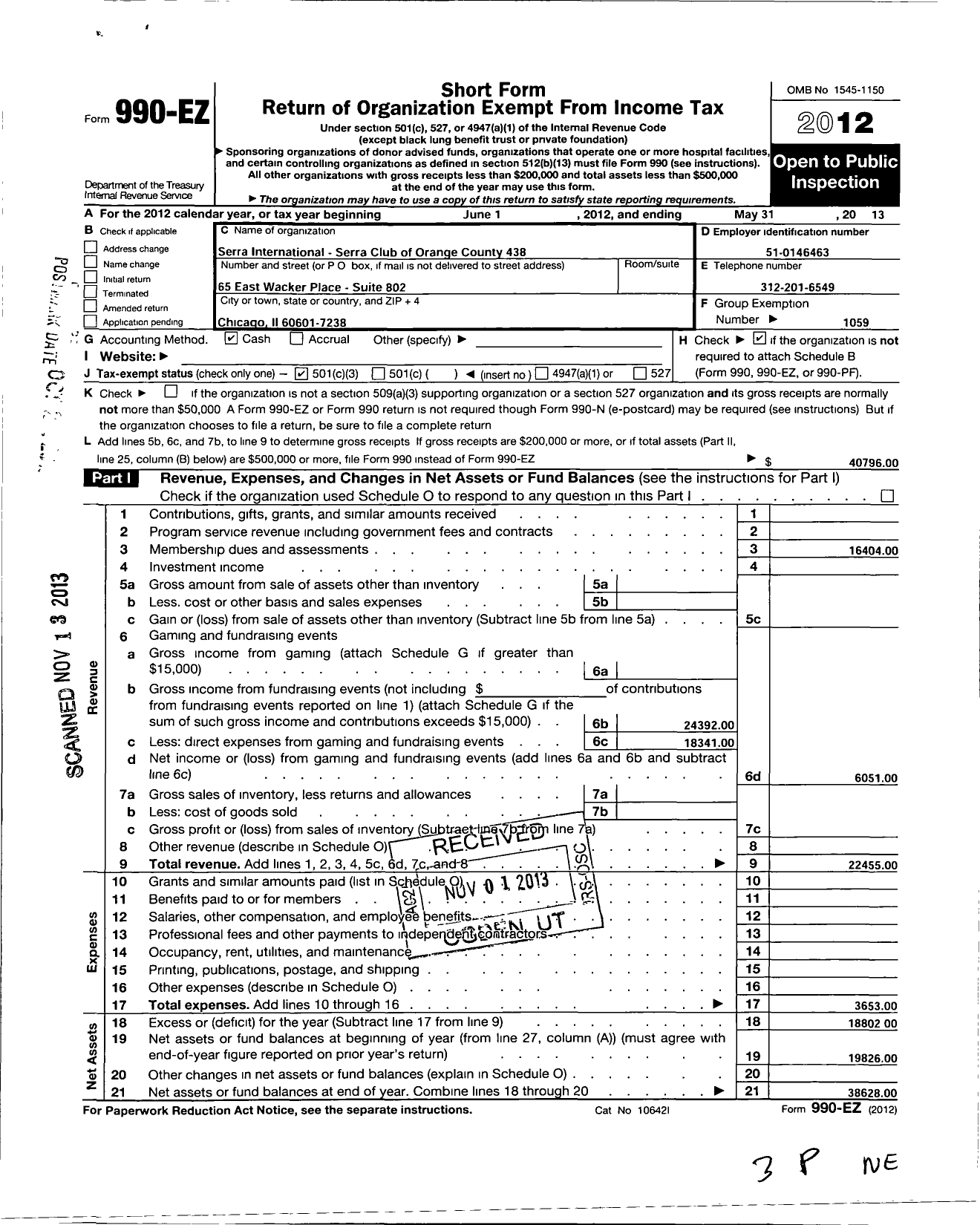 Image of first page of 2012 Form 990EZ for Serra International / 438 Serra Club of Orange County