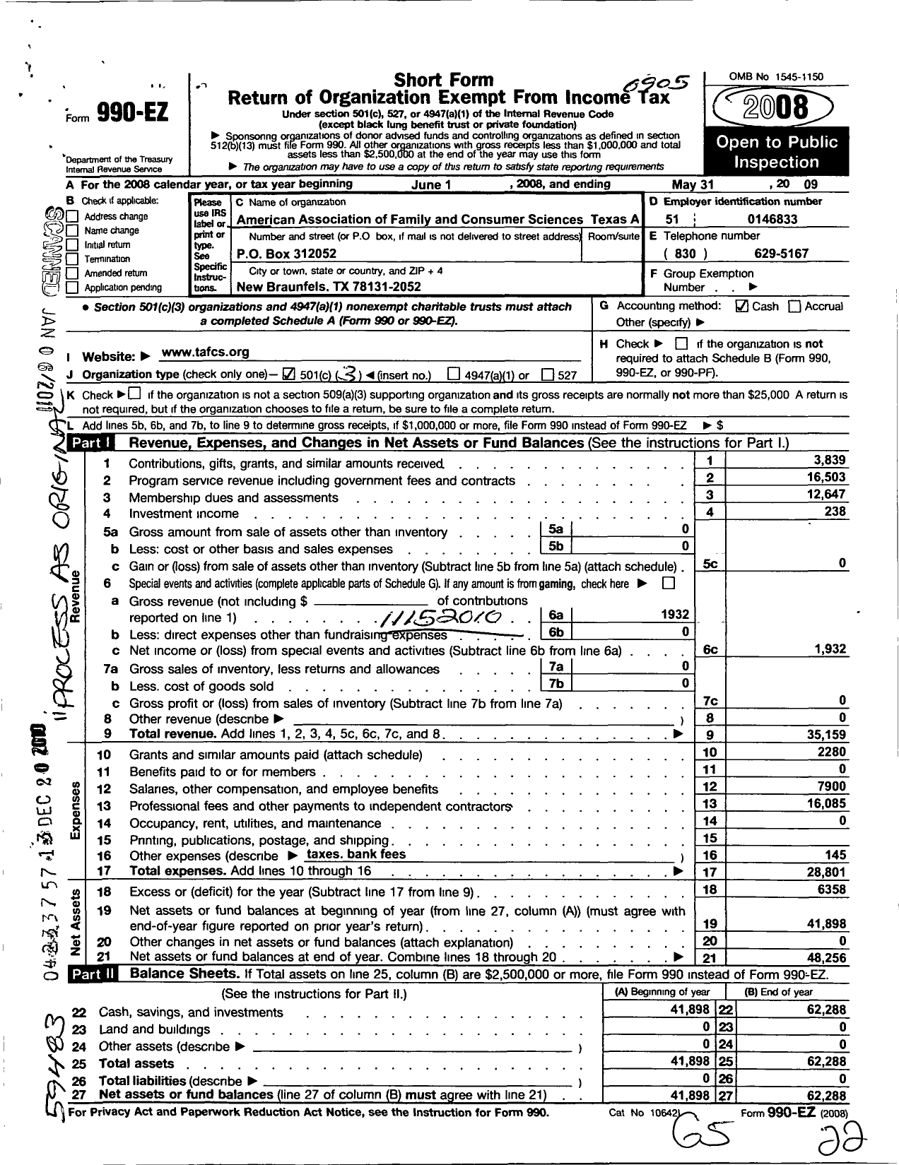 Image of first page of 2008 Form 990EZ for American Association of Family and Consumer Sciences / Texas Aafcs
