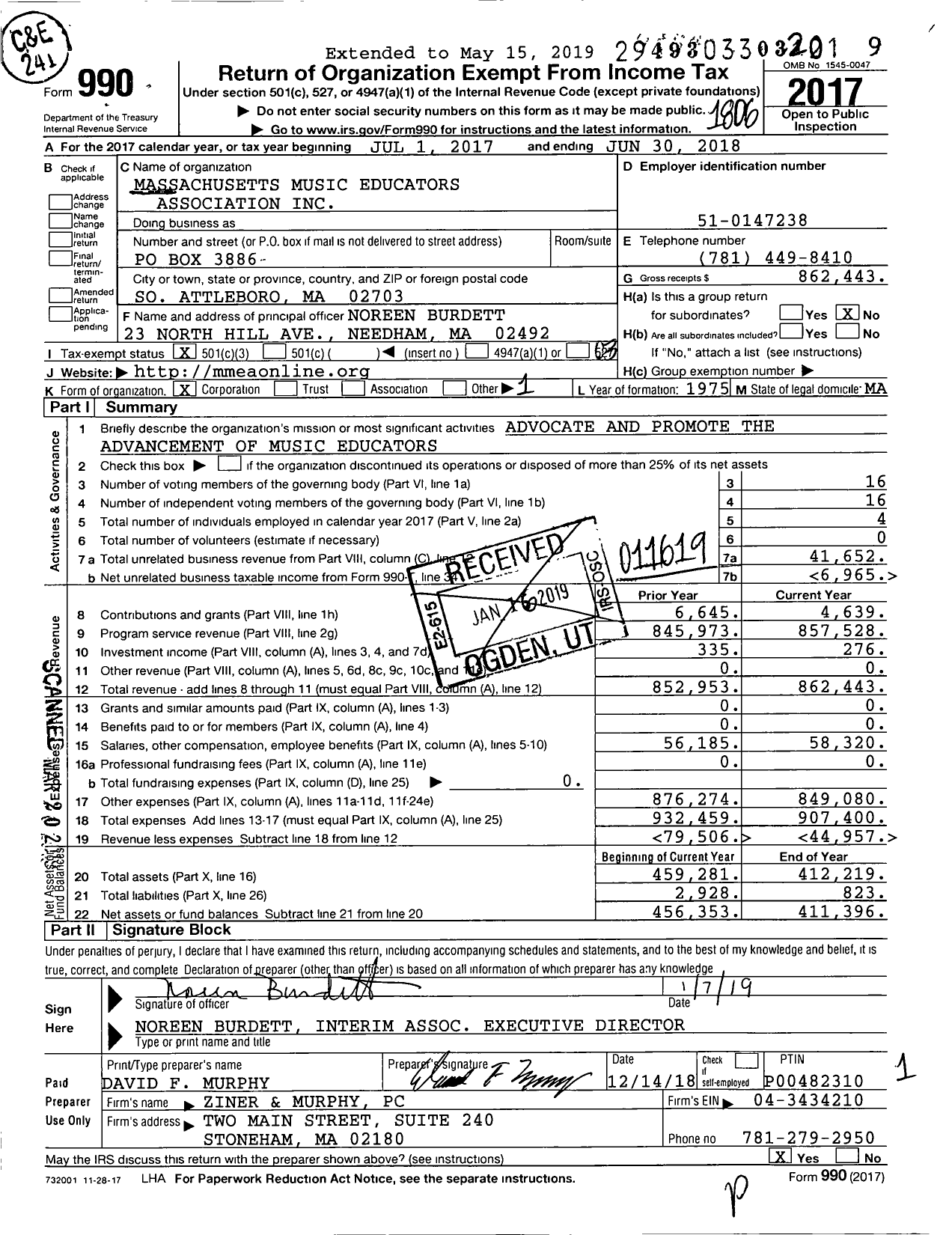 Image of first page of 2017 Form 990 for Massachusetts Music Educators Association