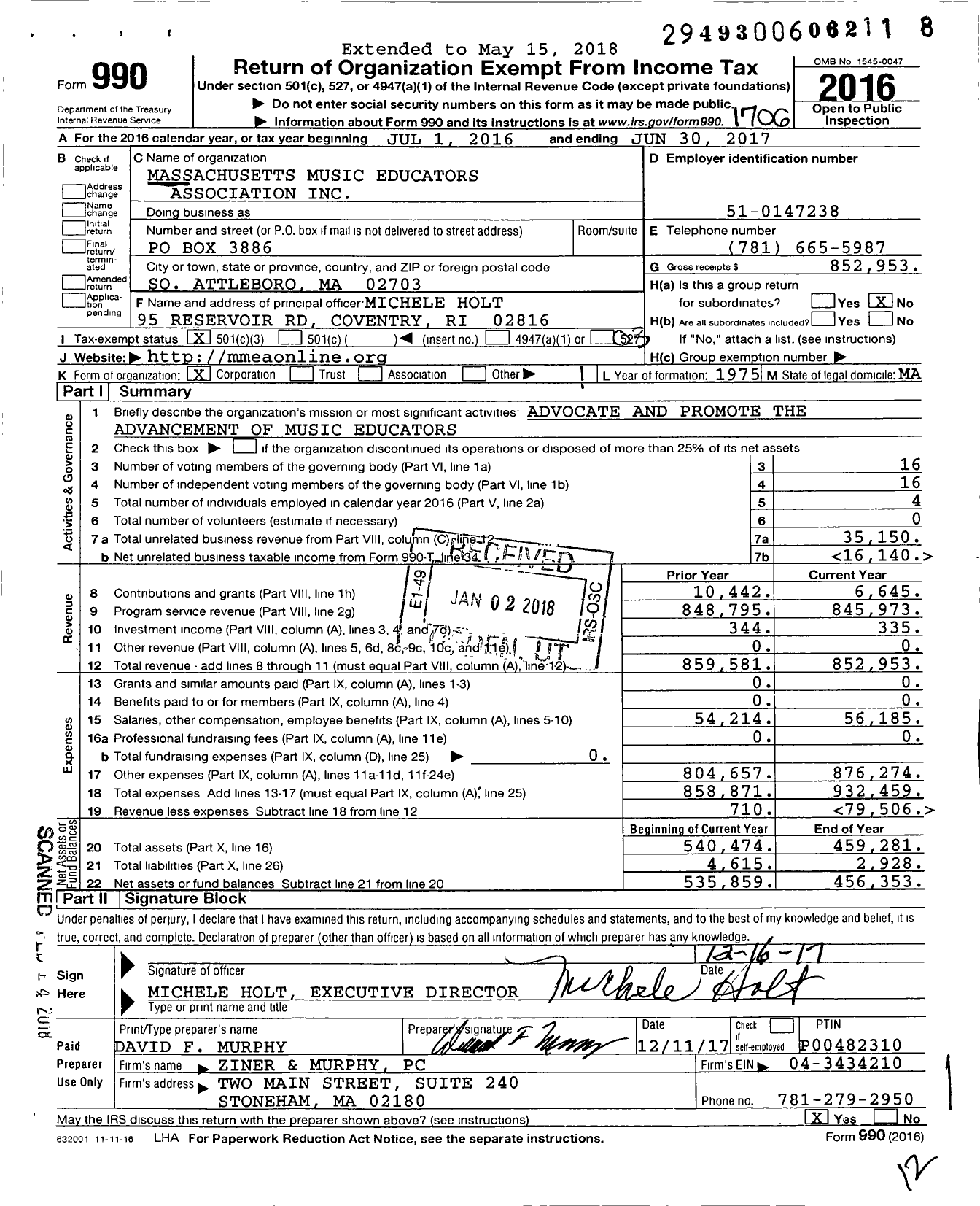 Image of first page of 2016 Form 990 for Massachusetts Music Educators Association