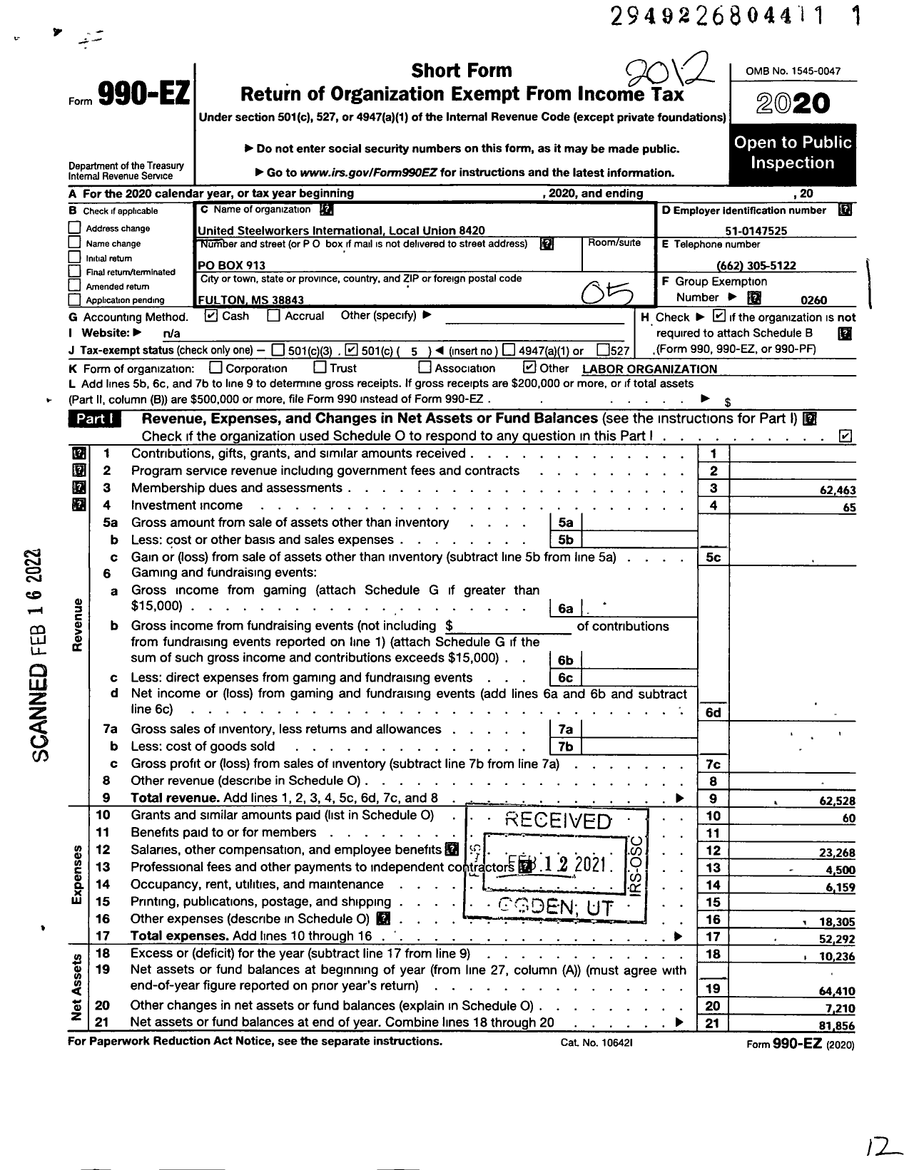 Image of first page of 2020 Form 990EO for United Steelworkers - 08420 Local