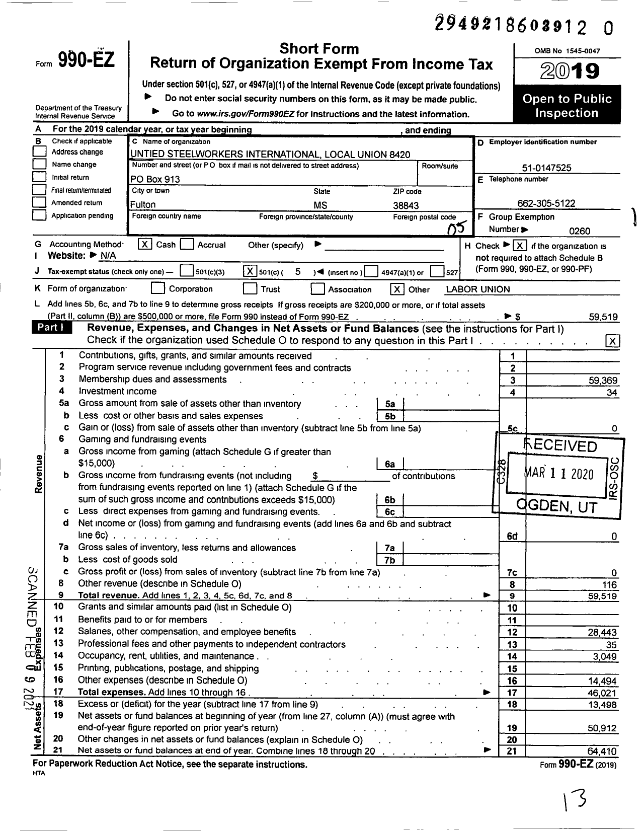 Image of first page of 2019 Form 990EO for United Steelworkers - 08420 Local