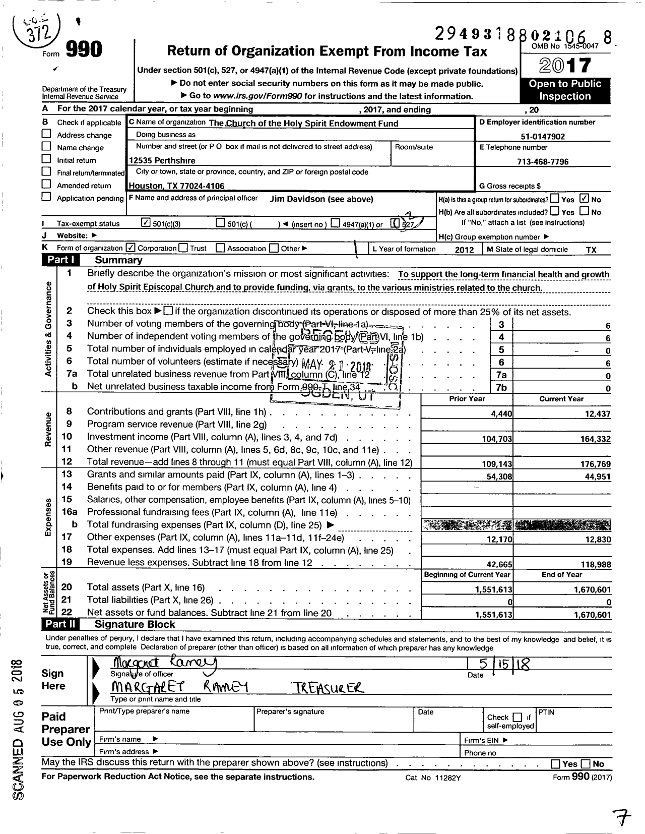 Image of first page of 2017 Form 990 for The Church of the Holy Spirit Endowment Fund