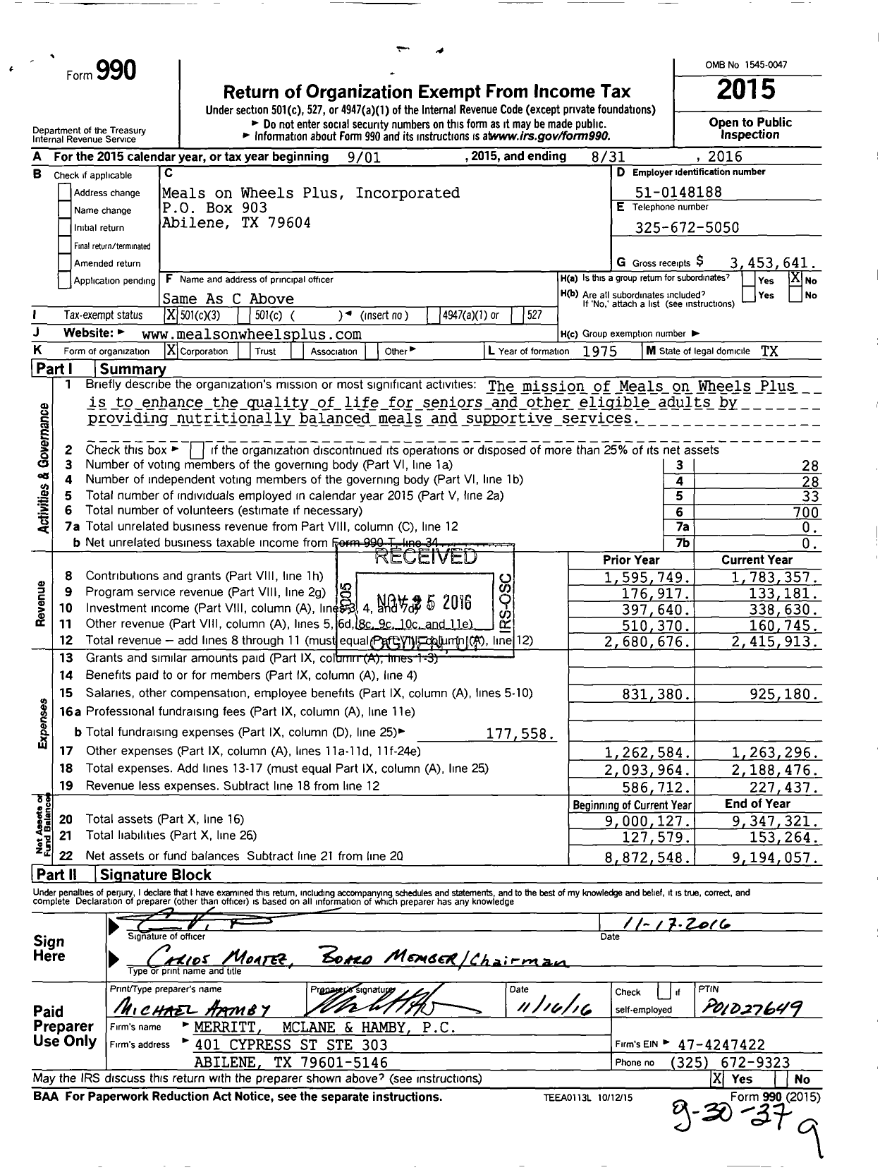 Image of first page of 2015 Form 990 for Meals on Wheels Plus Incorporated