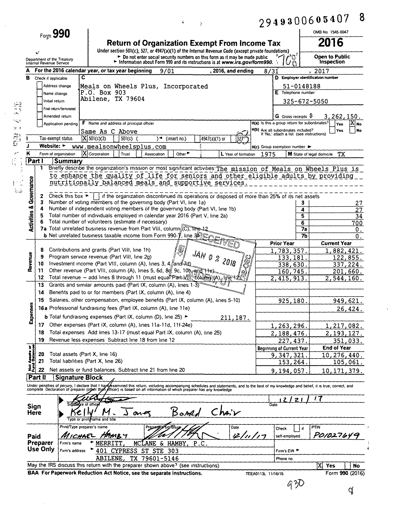 Image of first page of 2016 Form 990 for Meals on Wheels Plus Incorporated