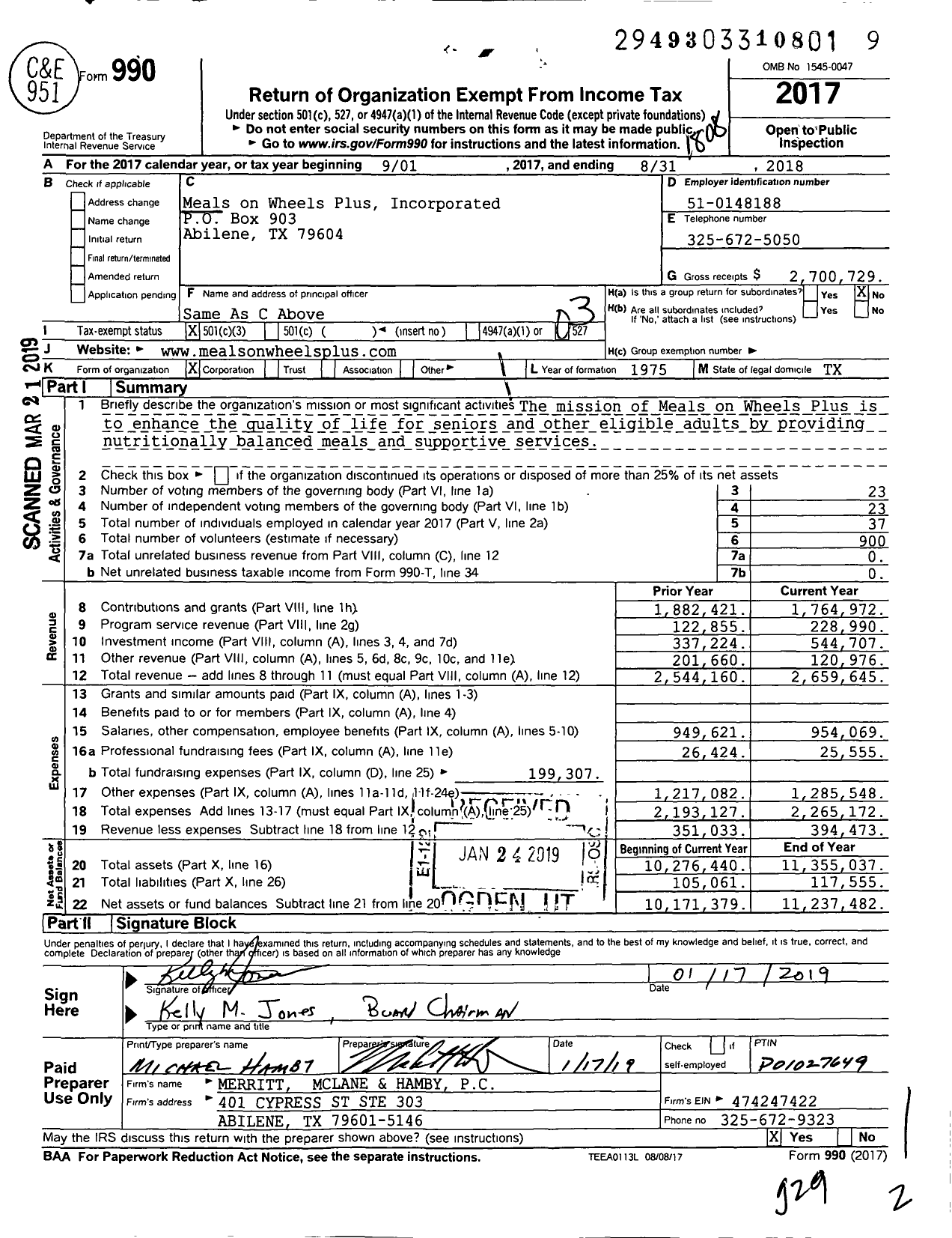 Image of first page of 2017 Form 990 for Meals on Wheels Plus Incorporated