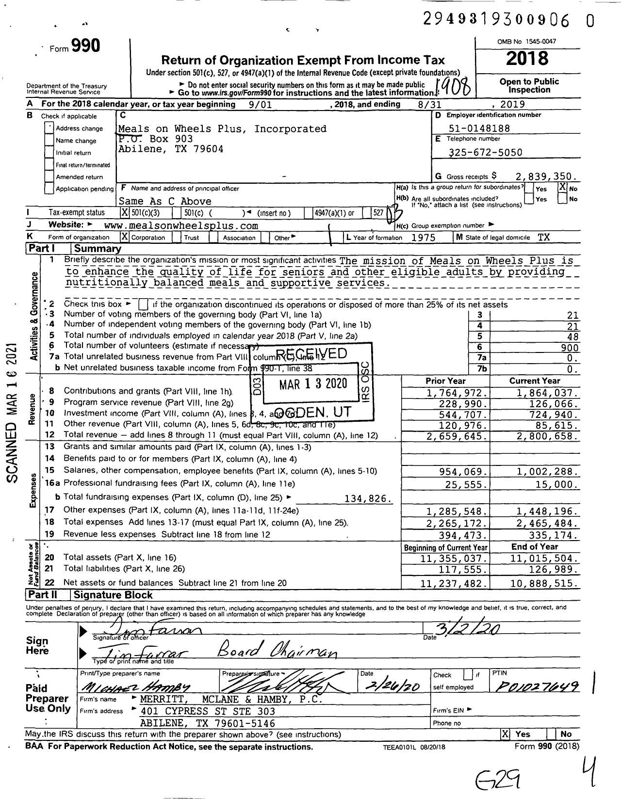 Image of first page of 2018 Form 990 for Meals on Wheels Plus Incorporated