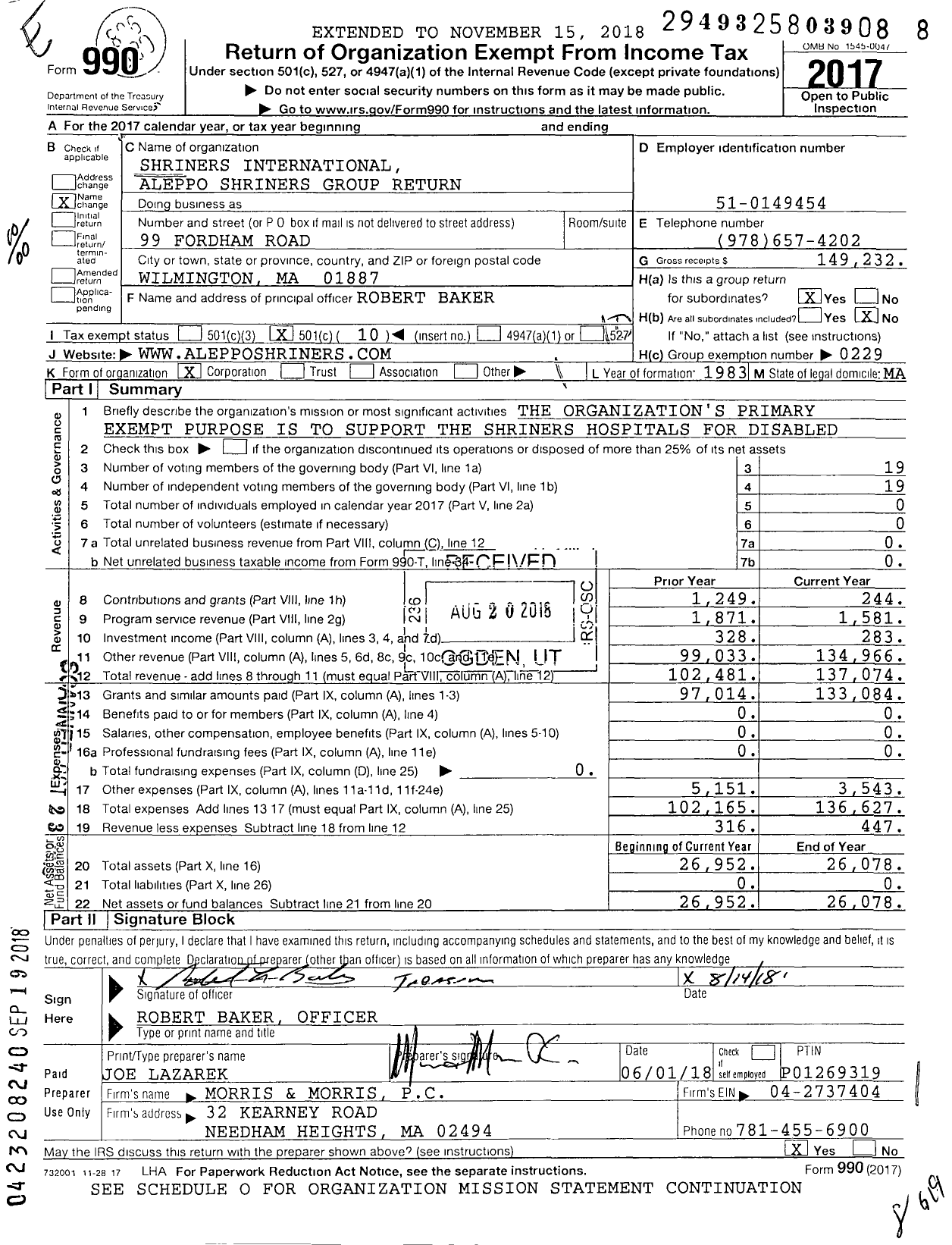 Image of first page of 2017 Form 990O for Shriners International - Aleppo Shriners Group Return