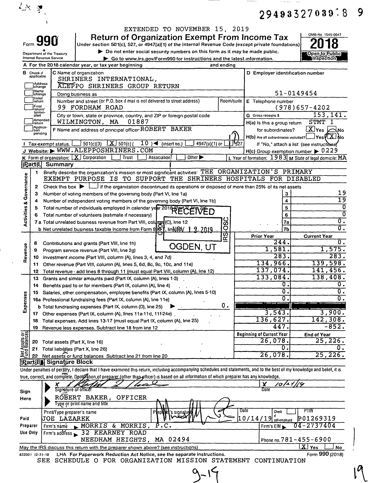 Image of first page of 2018 Form 990O for Shriners International - Aleppo Shriners Group Return