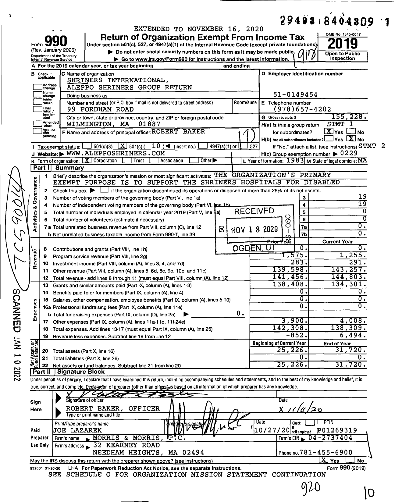 Image of first page of 2019 Form 990O for Shriners International - Aleppo Shriners Group Return