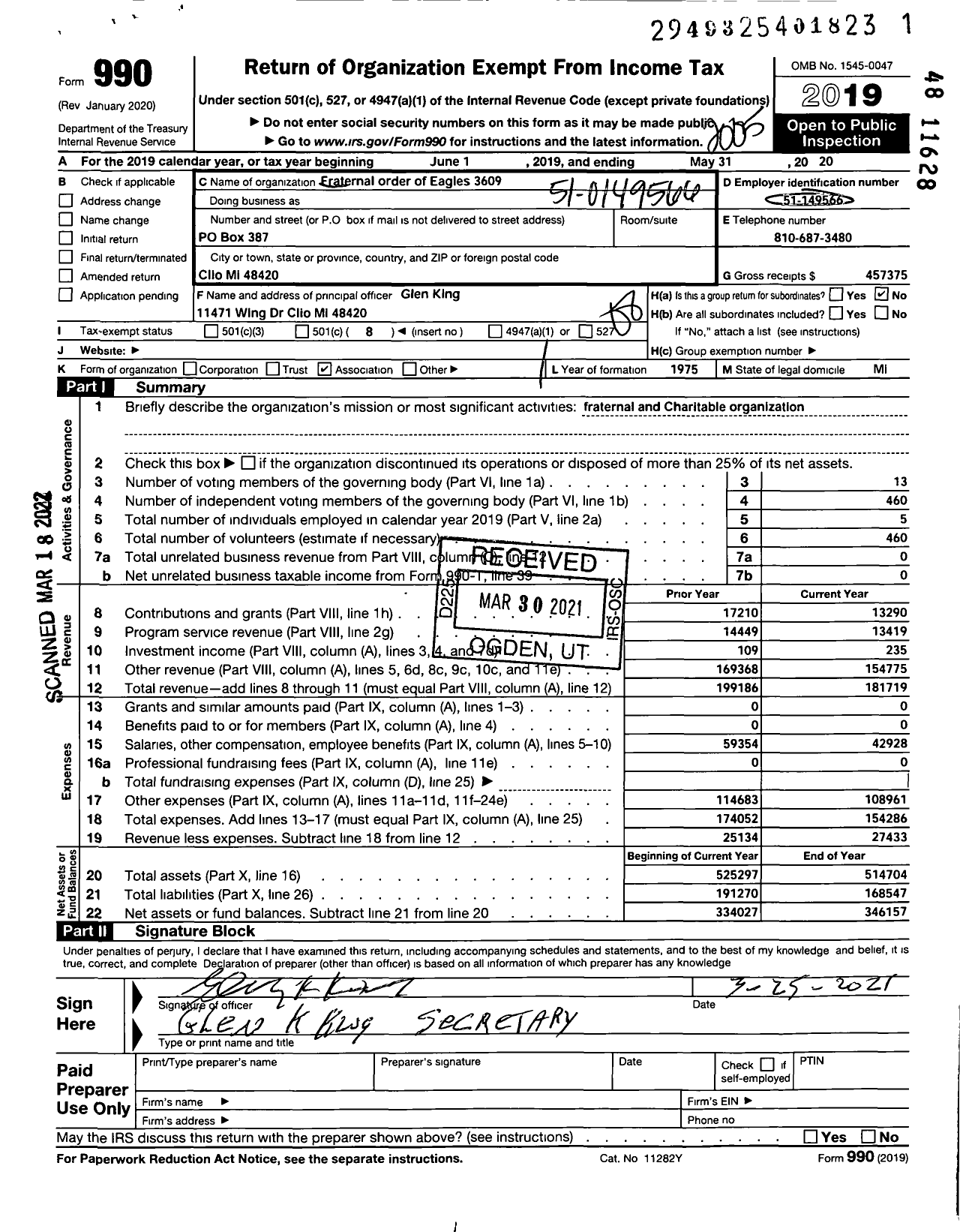 Image of first page of 2019 Form 990O for Fraternal Order of Eagles 3609