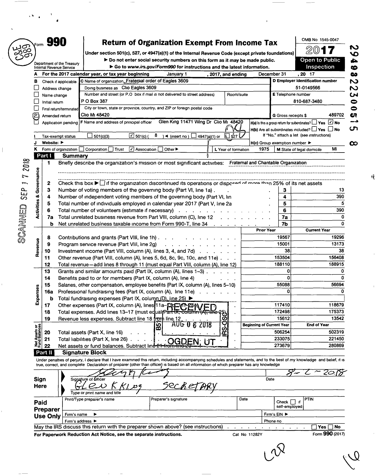 Image of first page of 2017 Form 990O for Fraternal Order of Eagles 3609