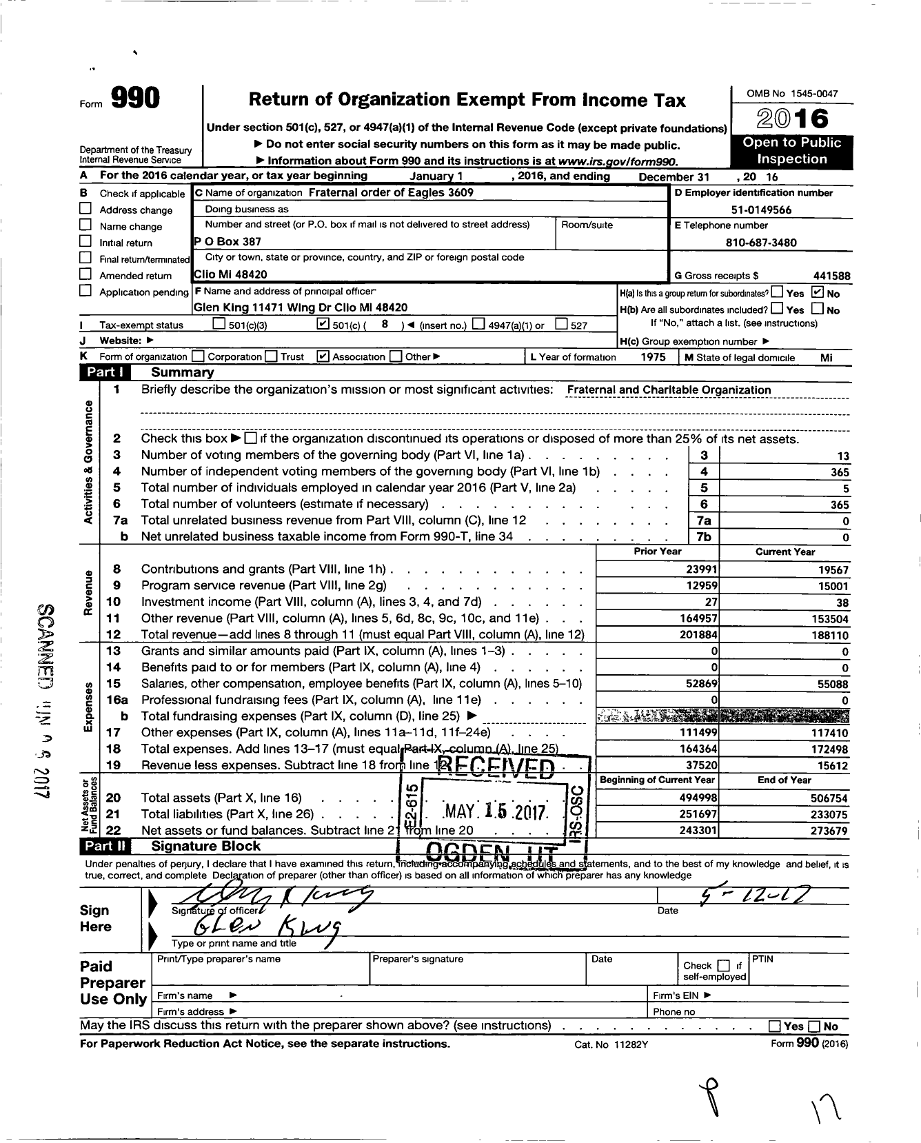 Image of first page of 2016 Form 990O for Fraternal Order of Eagles 3609