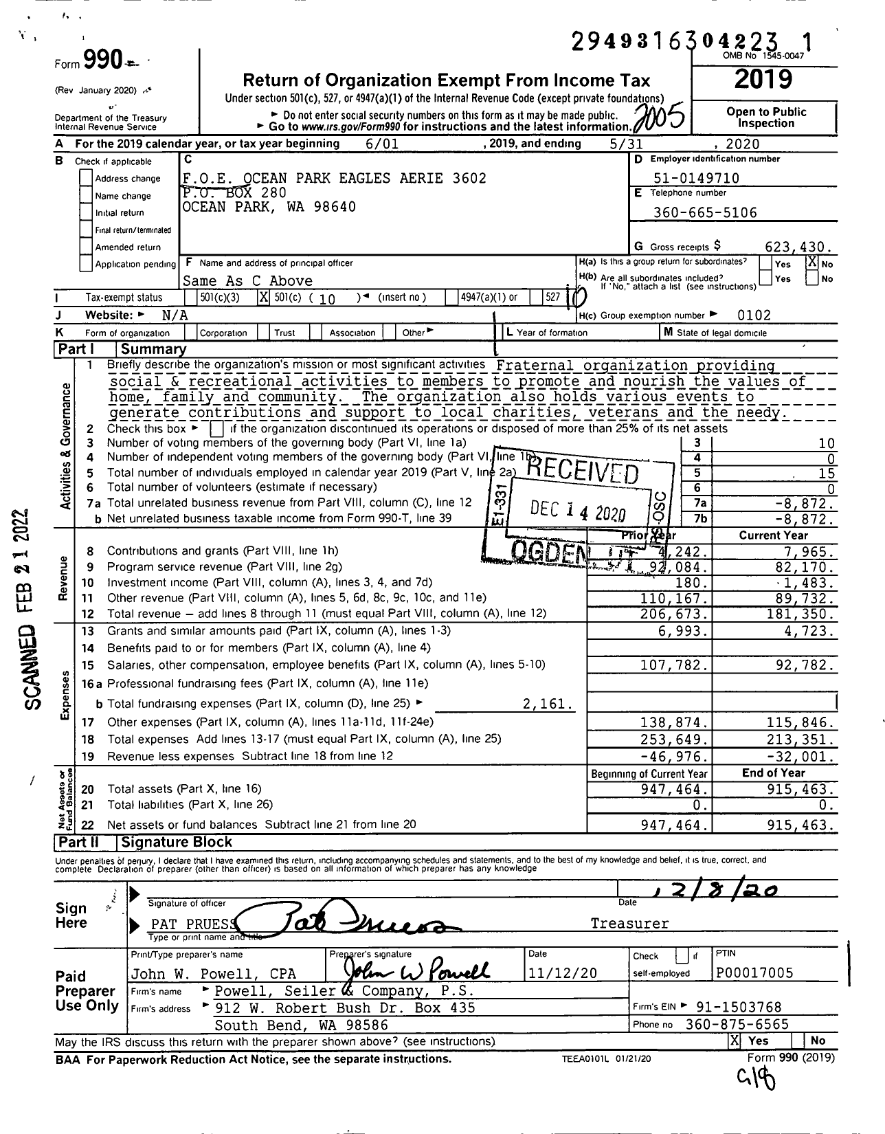 Image of first page of 2019 Form 990O for Fraternal Order of Eagles - 3602 Aerie