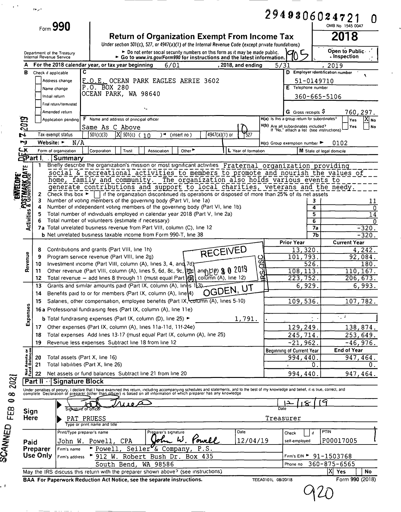 Image of first page of 2018 Form 990O for Fraternal Order of Eagles - 3602 Aerie