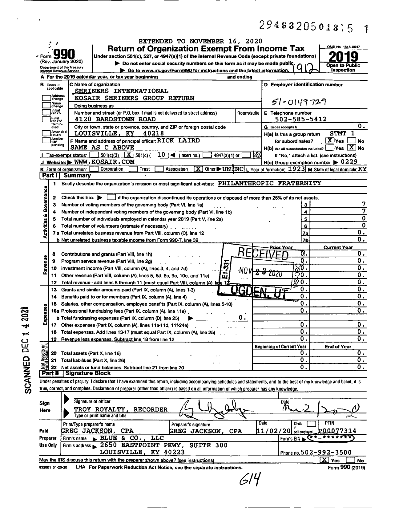 Image of first page of 2019 Form 990O for Shriners International - Kosair Shriners Group Return